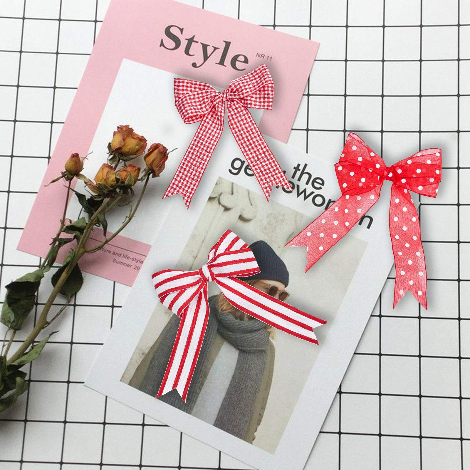 Stoffbänder rot und weiß kariertes Band zum Basteln, Ripsband gestreift für Geschenkverpackungen, 2,5 cm Organza-Punktband, 27,5 m