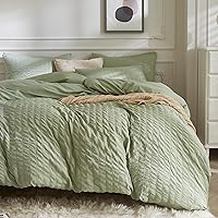 Vista 21 de JELLYMONI Funda de Edredón Color Caqui Tamaño King, Juego de Ropa de Cama de Microfibra Lavada de 3 Piezas, Juego de Funda de Edredón de Seersucker