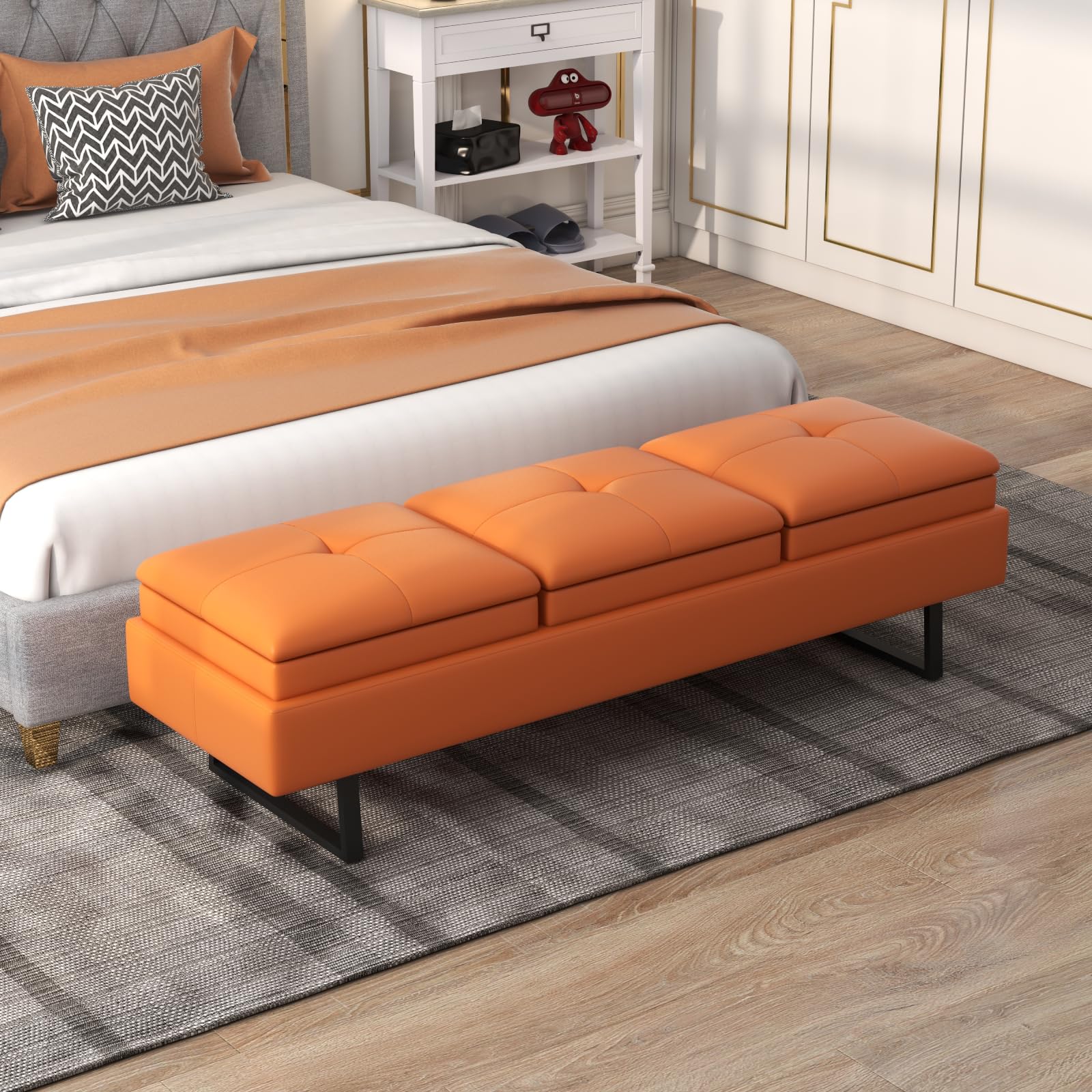 Kinsuite 3-Seat Entryway Bench with Thickened Cushion - Leather Bench Bedroom Bench with Adjustable Feet for Entryway Living Room Bedroom, Orange