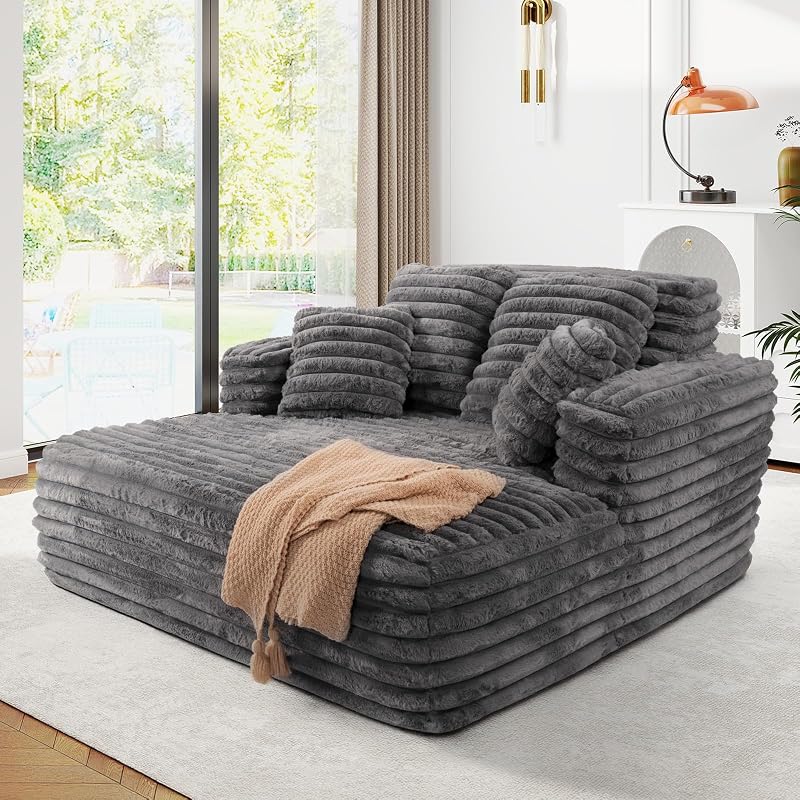 56" Oversized Chaise Lounge Chair Indoor,Plush Faux Fur Sleeper Sofa Couch Bed with Pillows&Wide Armrests,Fluffy Comfy Cloud Couch,Compression Foam Couch for Living Room,Bedroom(Grey)