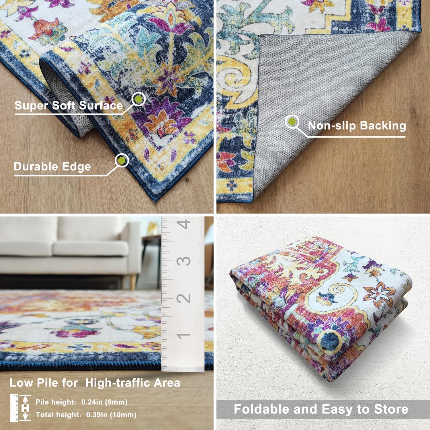 METSAVAIM 3x5 Rugs - Bohemian Area Rug for Bedroom | Non Slip and Ultra Soft Machine Washable Rug for Indoor & Outdoor Use | Boho Rug for Living Room, Dining Room and Home Décor - Blue and Multi