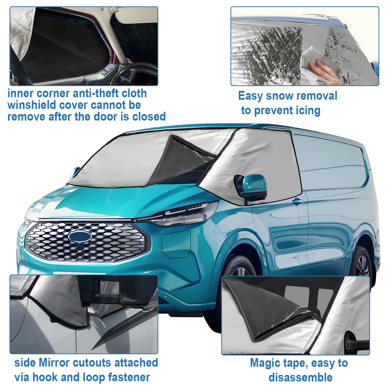 Zewnętrzna osłona termiczna na przednią szybę do Ford Transit Custom 2012-2022, wodoodporna osłona przedniej szyby, zaciemniająca osłona przed śniegiem, lodem, kurzem, osłona przeciwsłoneczna