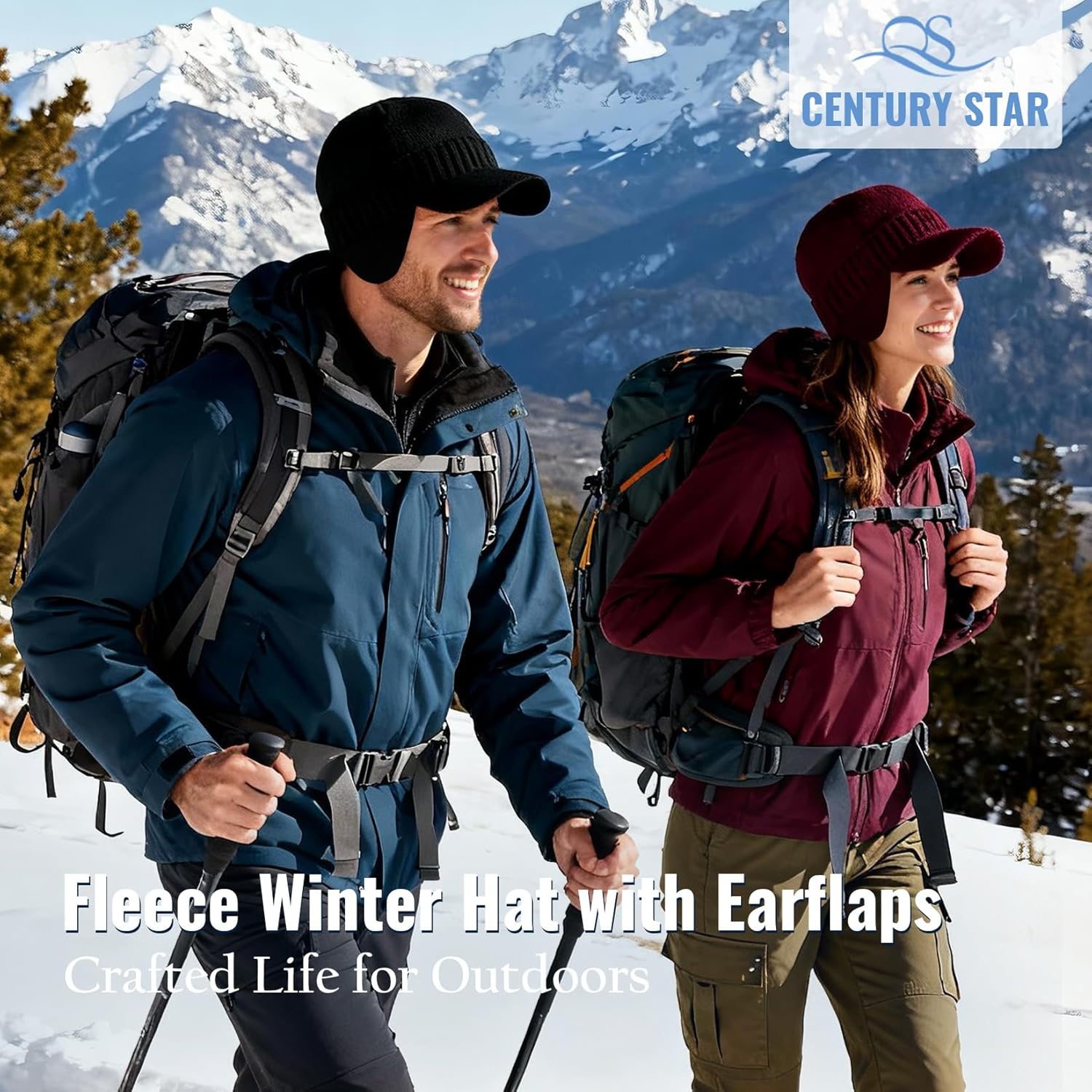 Century Star Mens Winter Hat with Visor & Earflaps,Outdoor Elastic Warm Knitted Fleece Sport Golf Baseball Beanie Cap - Image 3