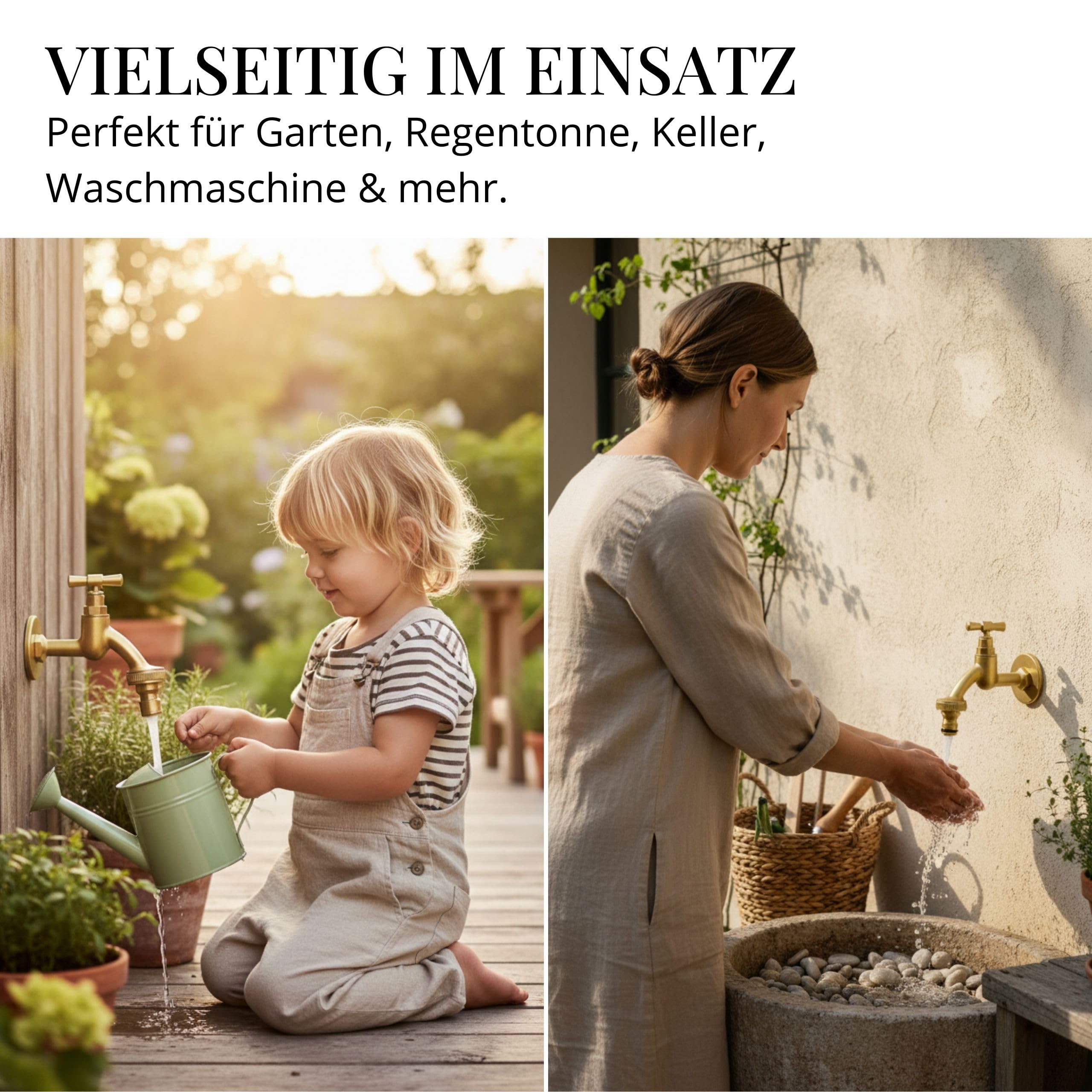 LIVLIG Premium Wasserhahn Garten, Außenwasserhahn frostsicher mit Rosettengarnitur & Schlauchanschluss, Kaltwasserhahn aus Messing, Design Wasserhahn Gold mit matter Pulverbeschichtung