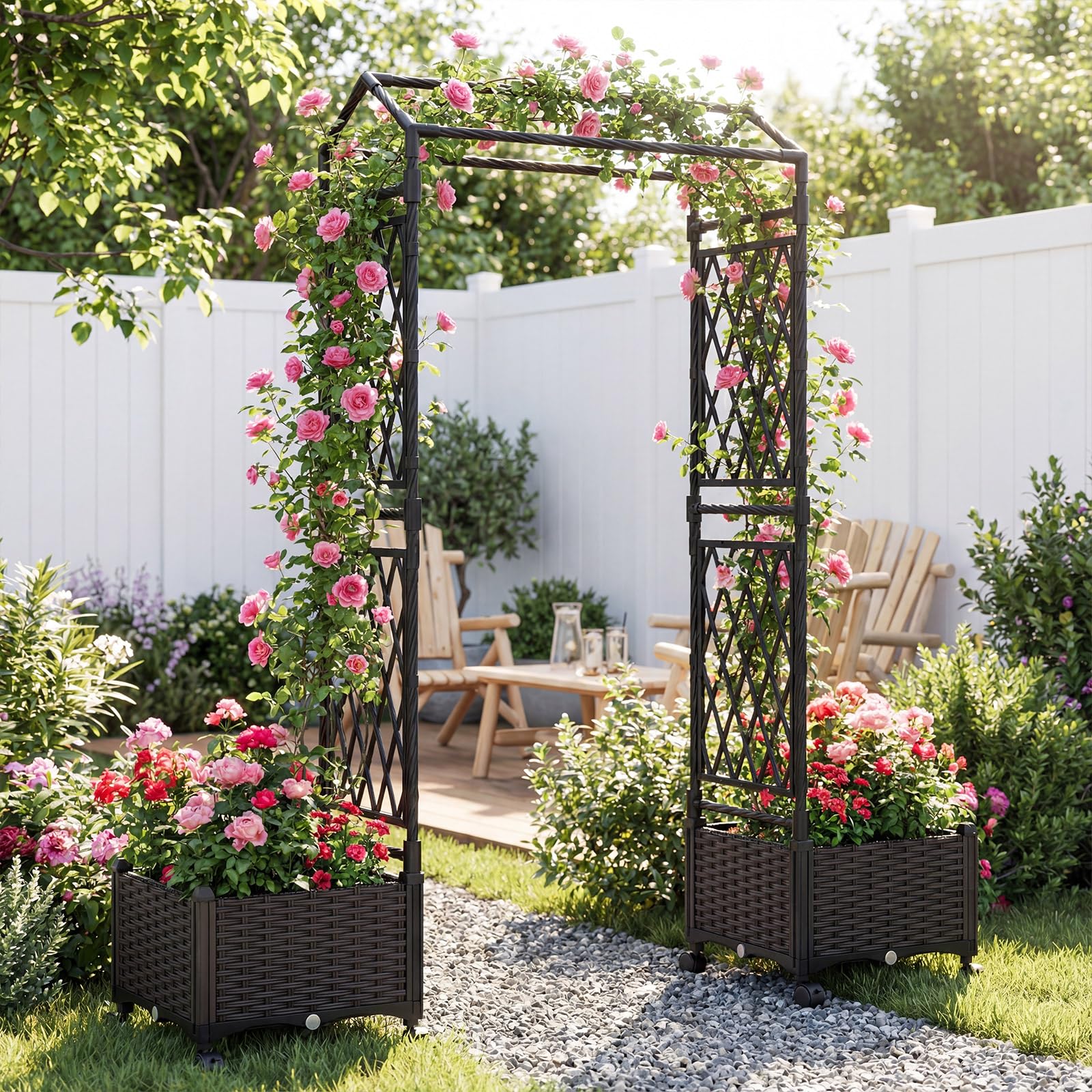 COSTWAY Fioriera Rialzata da Giardino con Grigliato, Tetto, Ruote Bloccabili e Irrigazione Automatica, Letto da Giardino Rialzato Alto in Rattan Impermeabile per Piante Rampicanti (Grigio)