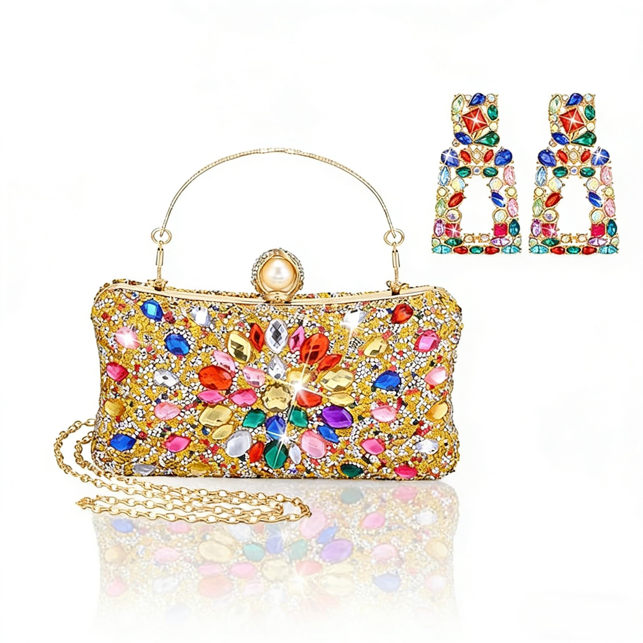 Silkfly Rhinestone Clutch Purses for Women Colorful Statement Earrings Crystal Evening Clutches for Wedding and Party Geometric Drop Colorful Dangle