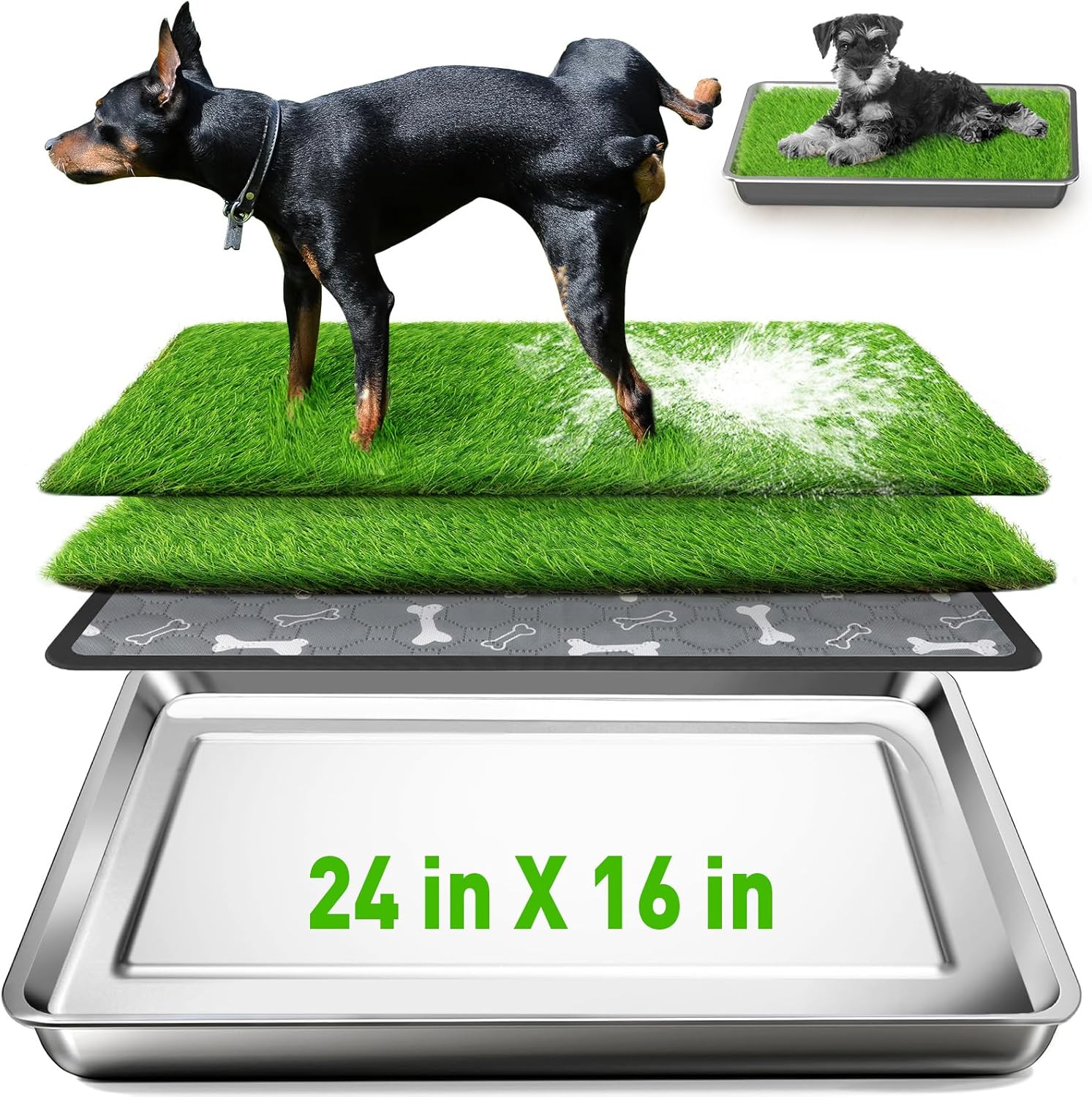 Dog Grass Pad with Tray, 24" X 16" Stainless Steel Tray & 2 Replacement Artificial Grass Mats, Portable Dog Potty Tray Toilet Grass for Indoor & Outdoor Potty Training for Apartment, Patio, Balcony