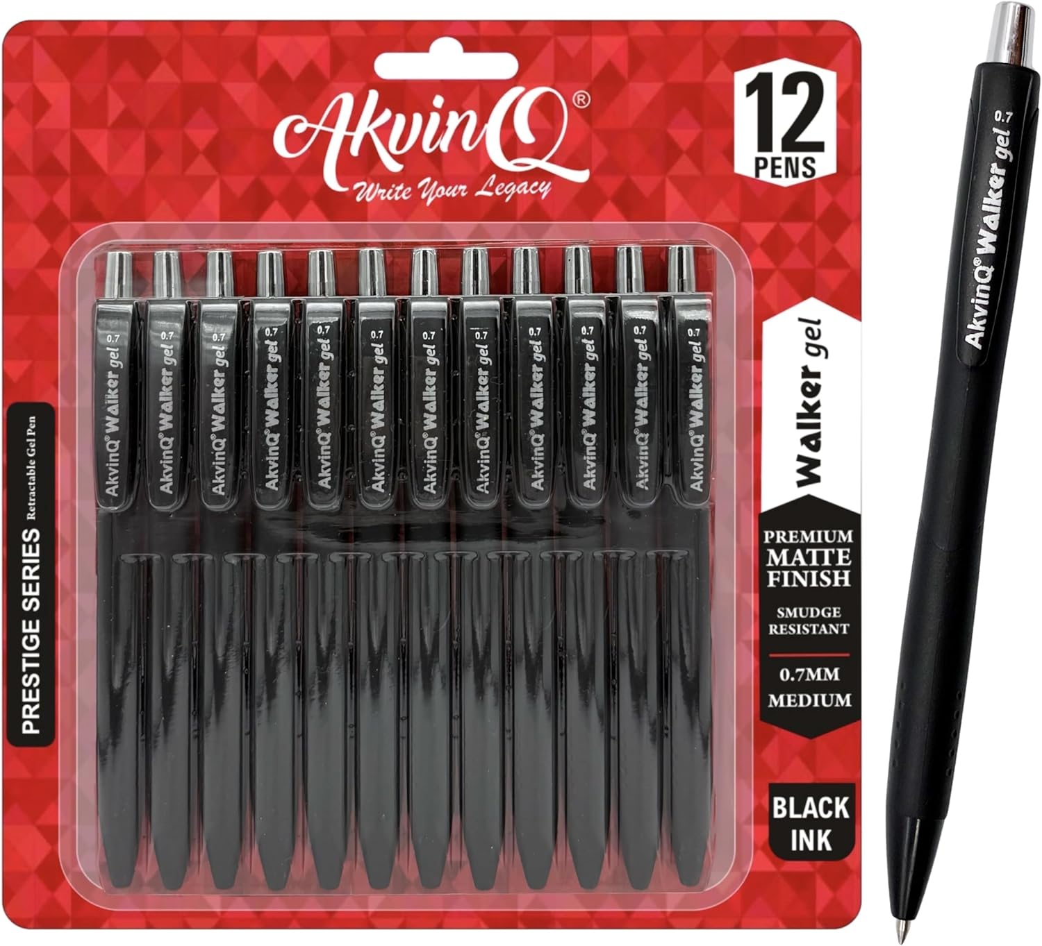 AKVINQ® Walker Gel Pens 12-Pack | 0.7mm Medium Point | Retractable Gel Ink Pen | Premium Matte Finish | Black Ink | Smudge-Resistant | Comfortable Rubber Grip | Office & School Writing (Black) AKVINQ® Walker Gel Pens 12-Pack | 0.7mm Medium Point | Retractable Gel Ink Pen | Premium Matte Finish | Black Ink | Smudge-Resistant | Comfortable Rubber Grip | Office & School Writing (Black)
