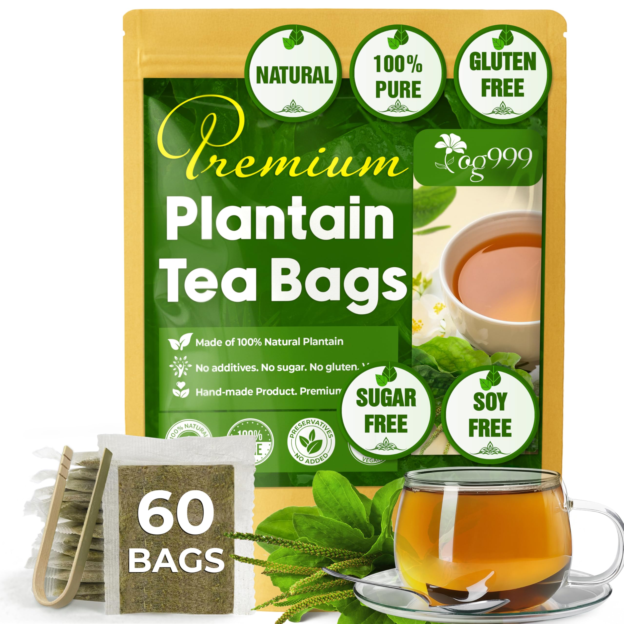 TOG999, Premium Tea Bags, 100% Natural & Pure, Loose Leaf Herbal Tea. No Sugar, No Gluten, Vegan. (60 Bags, Plantain Tea)