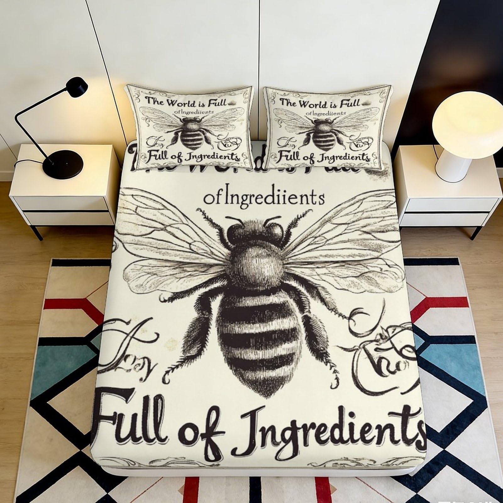 3D Printed Bee Pattern Fitted Sheet Microfiber Soft Breathable Insect Design Bed Cover for Bedroom Dormitory Guest Room Mattress Protection Decor 140x200x25cm