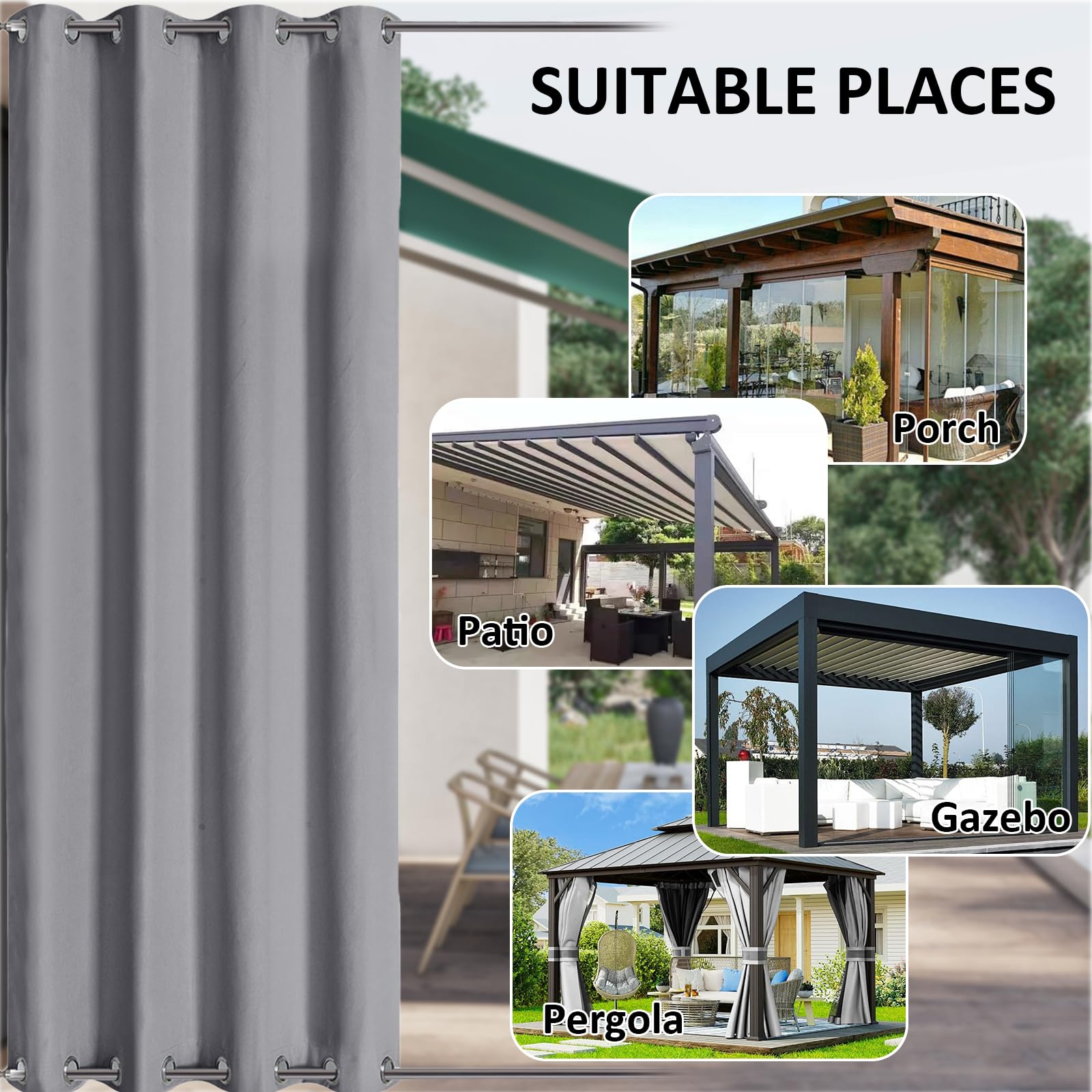 LiveGo Outdoor Curtains Waterproof with Grommet (Top and Bottom), 2 Panels Privacy & UV Protection Windproof Curtain for Porch, Pergola, Garden, Backyard (Light gray, 140 * 213cm) — view 7