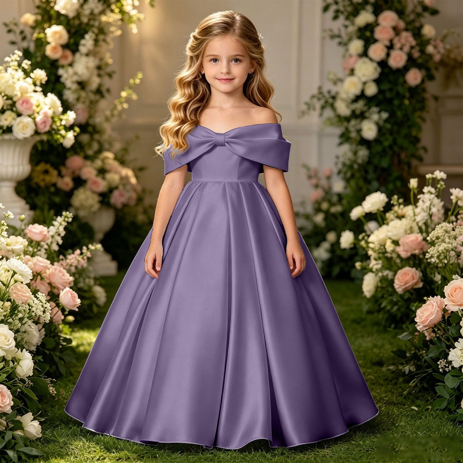 Vestido NiñA Elegantes, Vestido NiñA Ceremonia Lunares, Vestidos De Fiesta Largo hasta El Suelo Color Liso con Hombros Descubiertos Y Un Gran Lazo Mayores Dresses Summer Dress Dress Vestidos Verano
