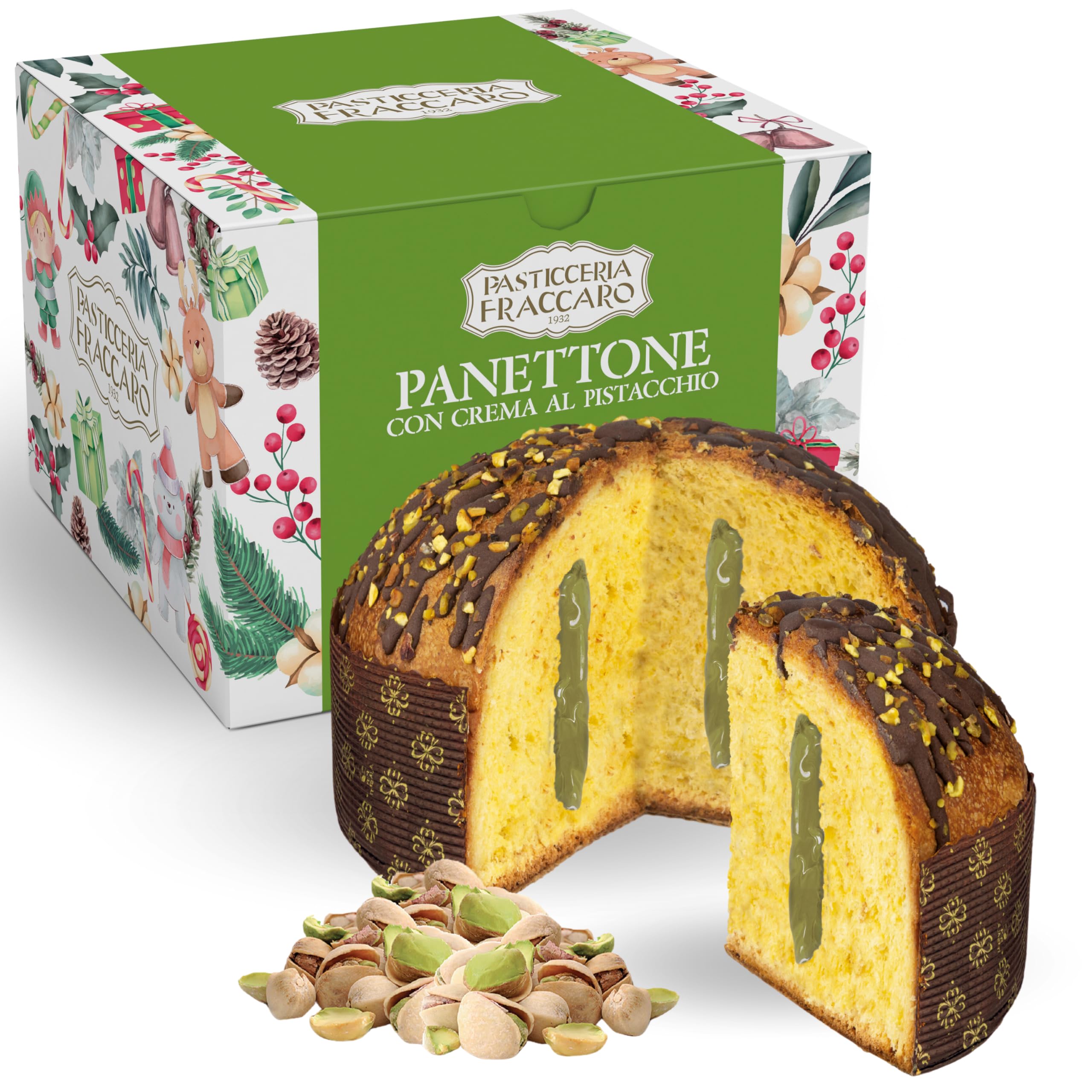Pistachio Panettone Italian Cake from Italy, with Pistachio Filling and Chocolate on Top - (26.4 Oz / 750 gr) Pasticceria Fraccaro 1932 - Italian Christmas Cake, Naturally Leavened, Christmas Case