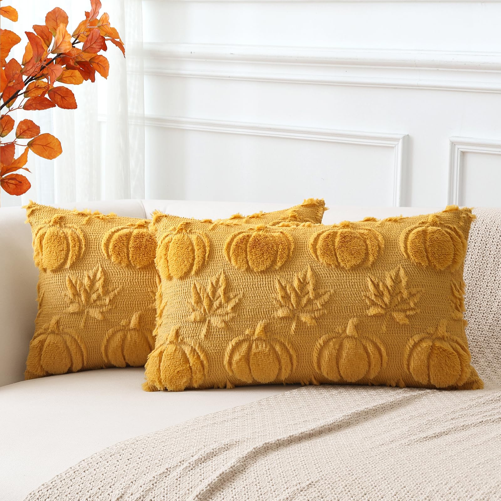 Artscope Fall Cushion Covers Set of 2 Autumn Pumpkin Maple Leaves Throw Pillow Covers for Sofa Couch Bed Living Room Soft Plush Short Wool Velvet Farmhouse Pillowcases 40x60cm Mustard Yellow
