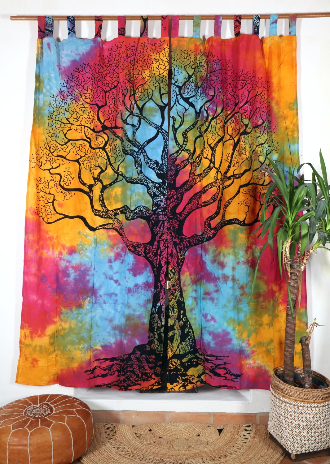 Boho Vorhänge, Gardine mit Schlaufen, handbedruckter Lebensbaum, batik