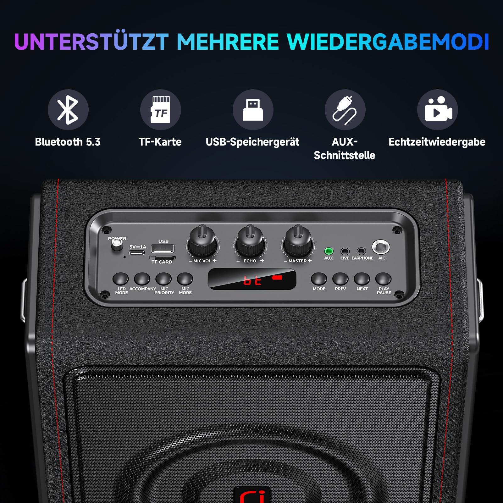 Karaoke Maschine, Tragbarer Bluetooth 5.3-Lautsprecher mit 2 drahtlosen Mikrofonen, Pa Anlage mit Tonhöhenkorrektur und Echoanpassung, Unterstützung für TWS/TF-Karte/USB/AUX für Familientreffen