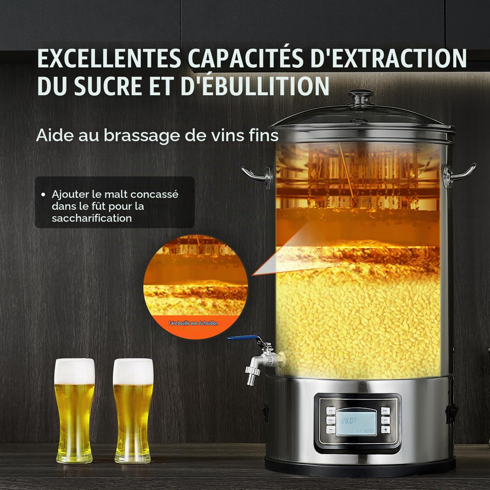 VEVOR Système de Brassage de Bière Électrique Tout-en-Un, Cuve de Brassage 30 L, Cuve de Fermentation Bière en Acier Inoxydable 304 avec Panneau, Couvercle en Verre, Poignée, Robinet, Brasseur Maison