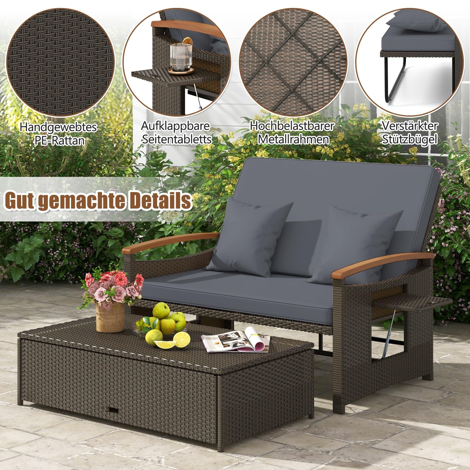 GIANTEX Lounge Möbel Outdoor, Outdoor Sofa, Gartensofa mit Liegefunktion, Garten Doppelliege Gartenliege 2 Personen, Gartenlounge Rattan, Balkon Lounge Sofa, Daybed Garten, Balkonsofa Kleiner Balkon