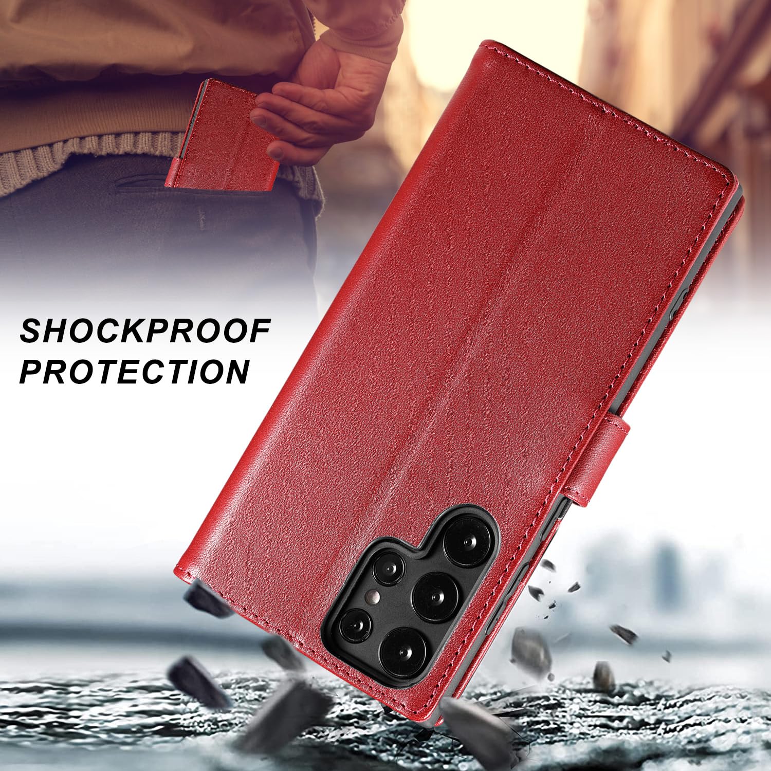 LENSUN Funda Samsung Galaxy S22 Ultra 5G, Carcasa Cuero Genuino [Bloqueo RFID] Tapa Cierre Magnetico y Ranuras para Tarjetas Cartera Libro Protección para Samsung S22 Ultra 5G-Rojo Vino