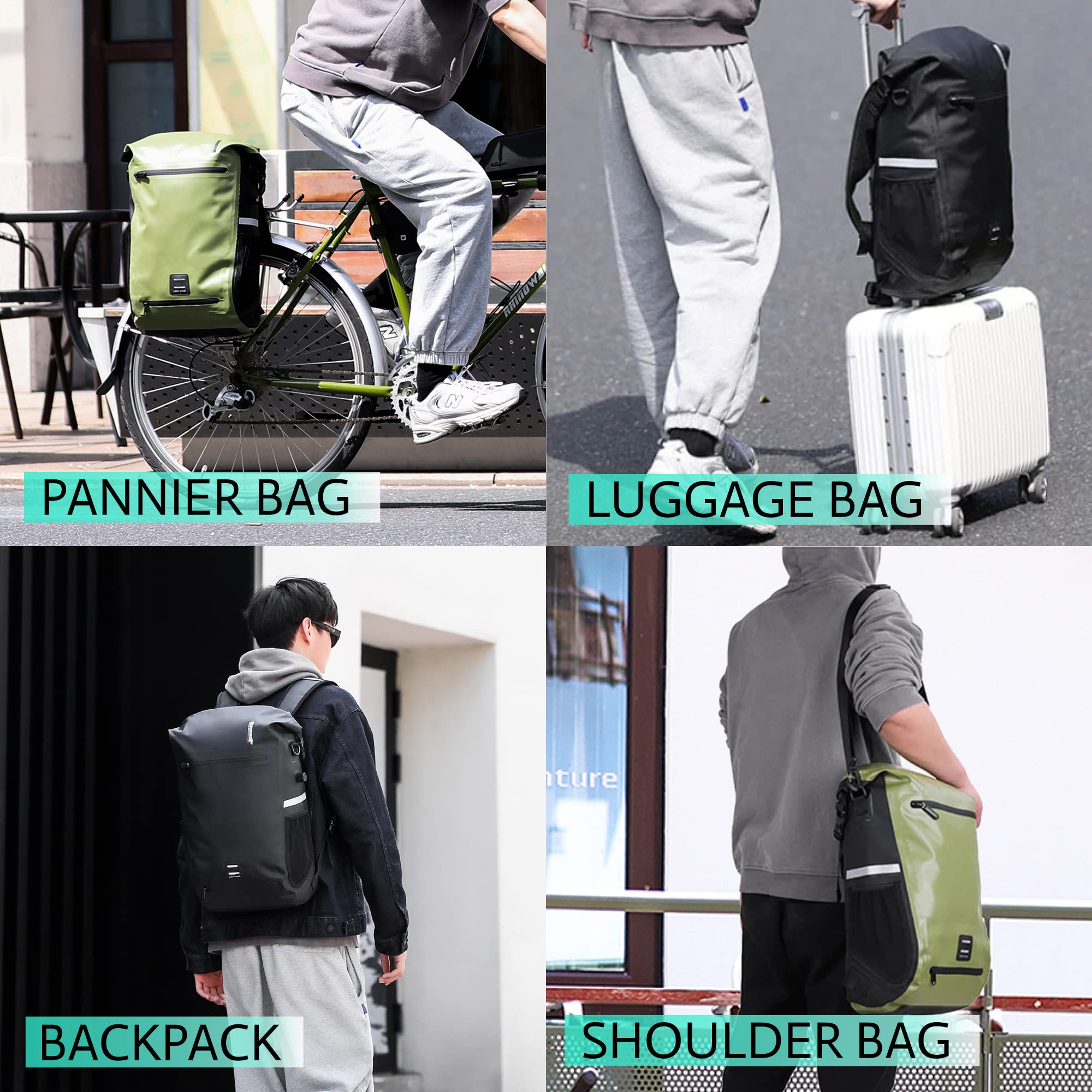 BAIGIO Bolsa 3-en-1 para Bicicleta con Portaequipajes, Impermeable, Bolsa Multifunción para Portaequipajes, 22-25 L, Mochila,Bolsa de Viaje, Bolsa de Equipaje,Bolsa Lateral con Red para Casco/Portátil