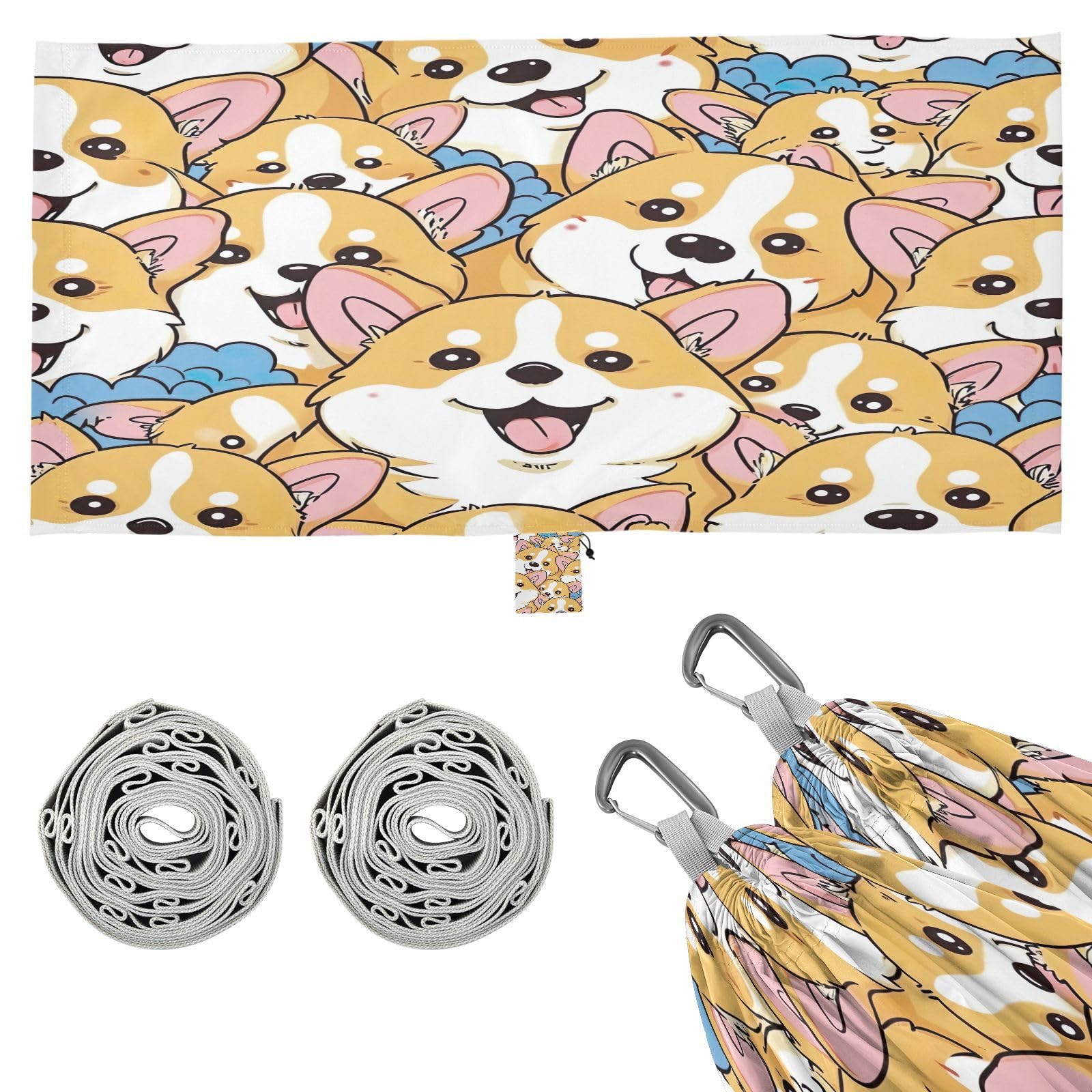 ATTX Beautiful Cartoon Corgi Camping Hammock - Lightweight & Portable Hammocks, Heavy Duty 330lbs Capacity for Indoor, Hiking, Backpacking, Travel, Backyard, Beach#412