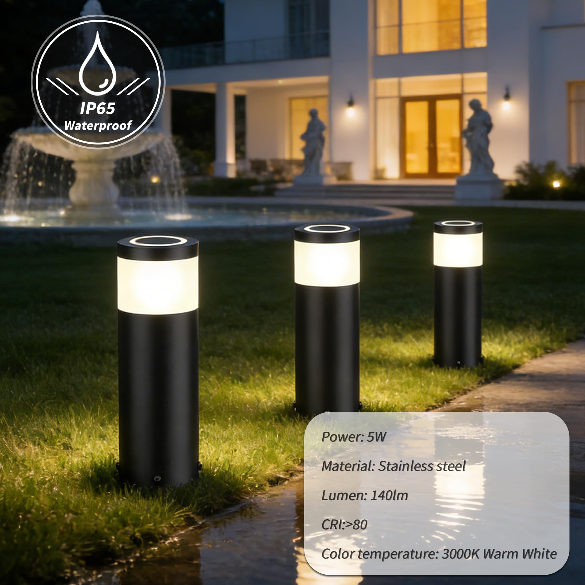 JNR 4 Pack Edelstahl Wegeleuchten Außen mit Erdspieß 230V, Schwarz 4 Pack | IP65 Wasserdicht, Höhe 290 mm 5w 3000k warmweiß COB LED, Wegleuchte, Gartenbeleuchtung, Gartenlampen, Gartenleuchten