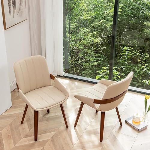 Miniatura 6 de Sillas de comedor tapizadas de piel sintética modernas de mediados de siglo, sillas de acento sin brazos con patas de madera natural resistentes,