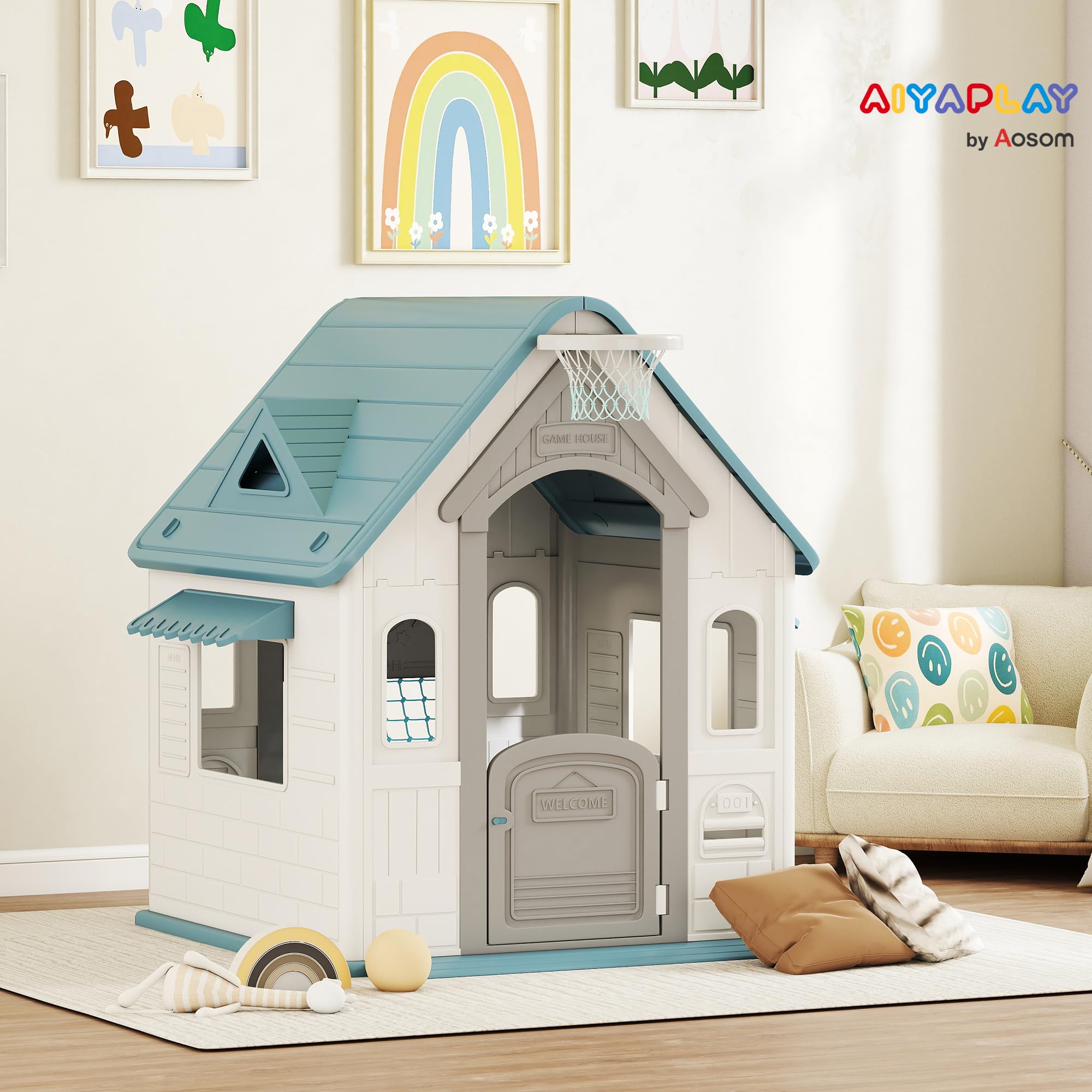 AIYAPLAY Casita Infantil Exterior e Interior 5 en 1, Casita Infantil de Jardín con Lanzamiento de Aros, Baloncesto, Fútbol, Dardos, Casa de Juegos para Niños de 2-5 Años, Beige