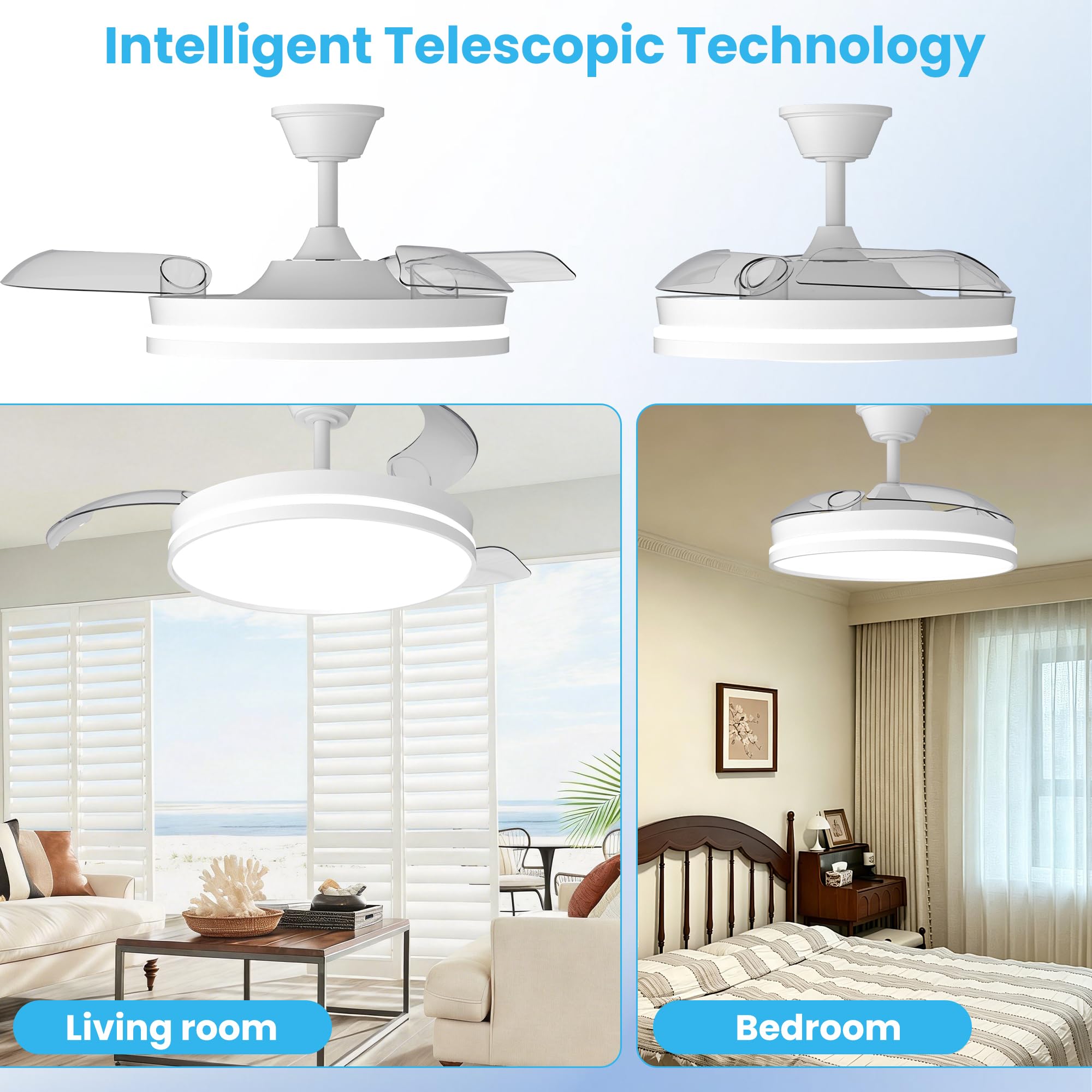 Ventilatore da Soffitto con Illuminazione 106 cm, Ventilatore da Soffitto Luce a LED e Telecomando 6 Velocità, Illuminazione LED Dimmerabile, motore DC silenzioso