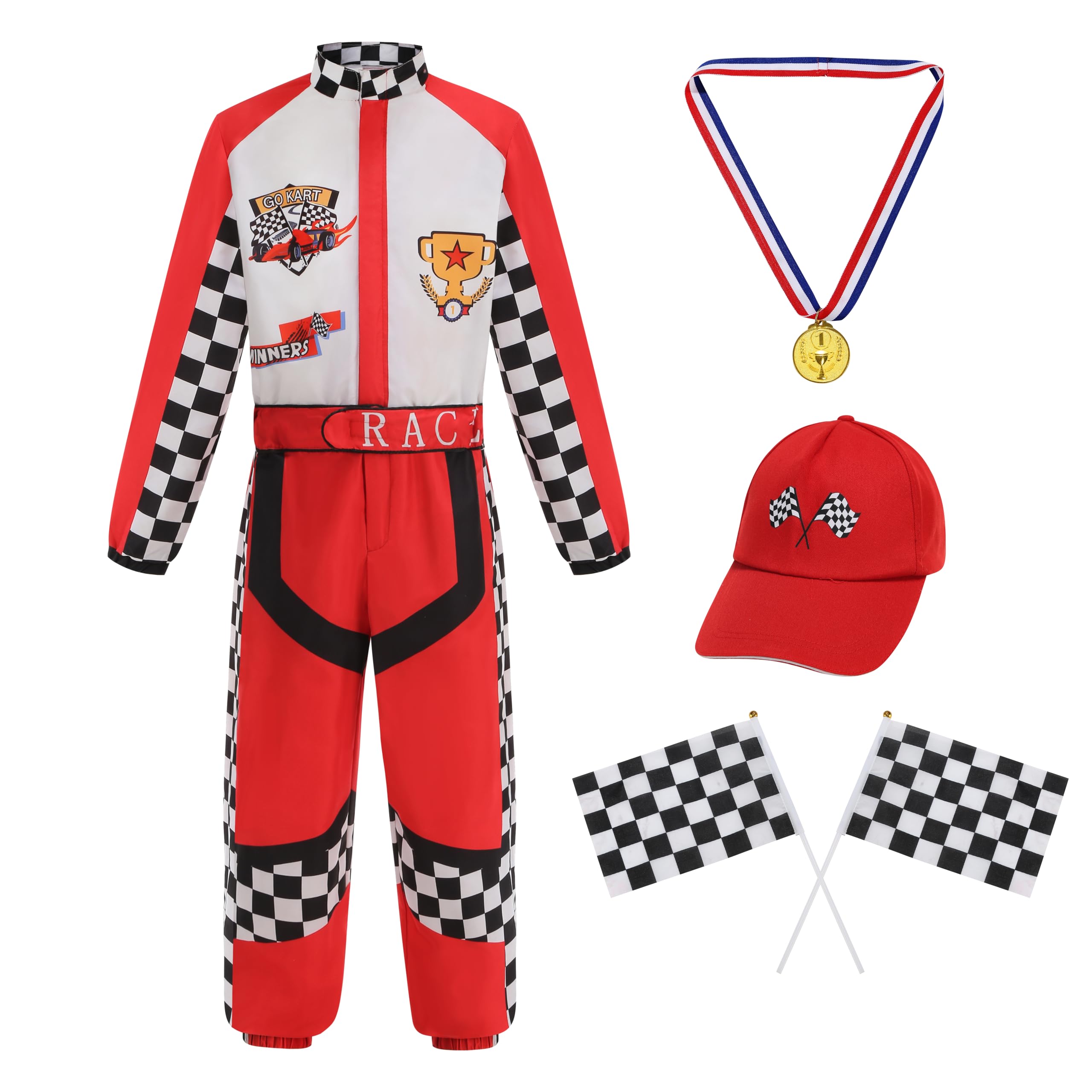 DELIVESS Kids Race Car Driver Costume Racecar Driver Costume Halloween Party Race Car Outfit Print Jumpsuit 4 Pcs (Red and White, M)