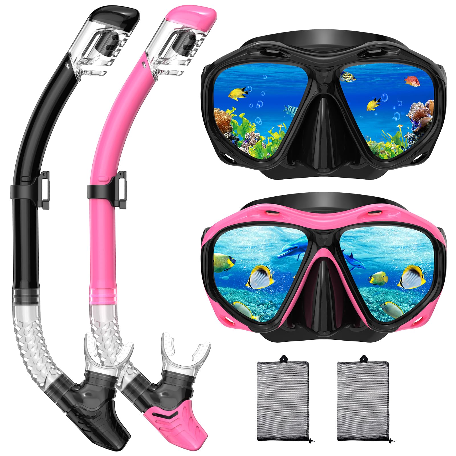 Snorkeling Gear for Adults, Dry Top Snorkel Mask Set, Diving Scuba Mask, Swimming Goggles with Nose Cover, HD Tempered Glass Panoramic Swim Freediving Anti-Leak Anti-Fog Travel Packages (missing 1 tempered glass) 