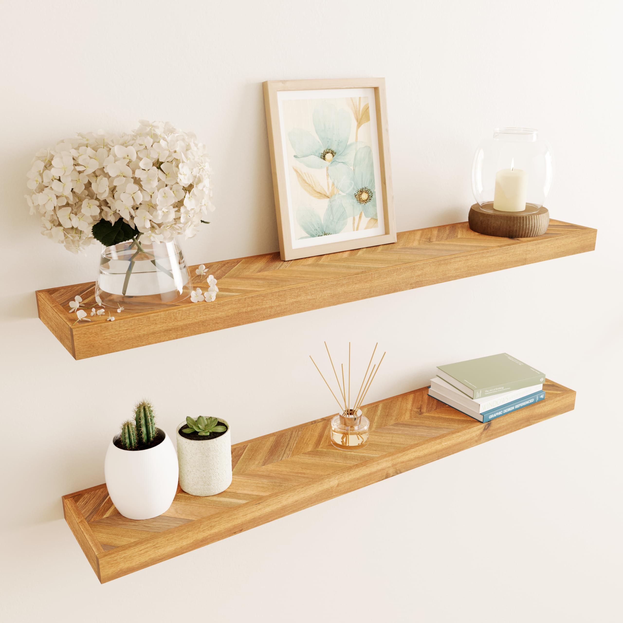 Howizz 48" Rustic Farmhouse Floating Shelves – Set of 2 Acacia Wood Shelves for Stylish Wall Decor in Kitchen, Bathroom, and Office, Unique Chevron