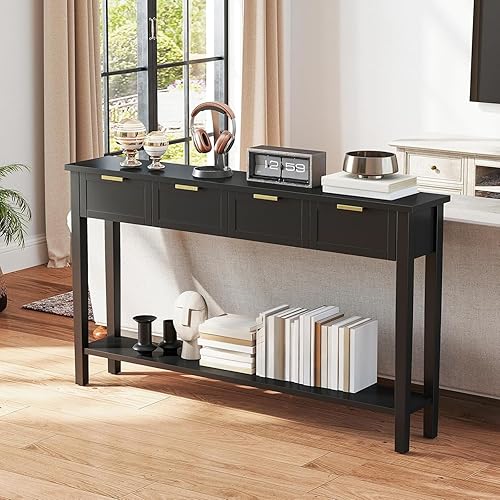 Miniatura 6 de kinbor Mesa consola larga  Mesa de sofá estrecha de 2 niveles con estante abierto y 4 cajones, moderna mesa de consola estrecha con almacenamiento