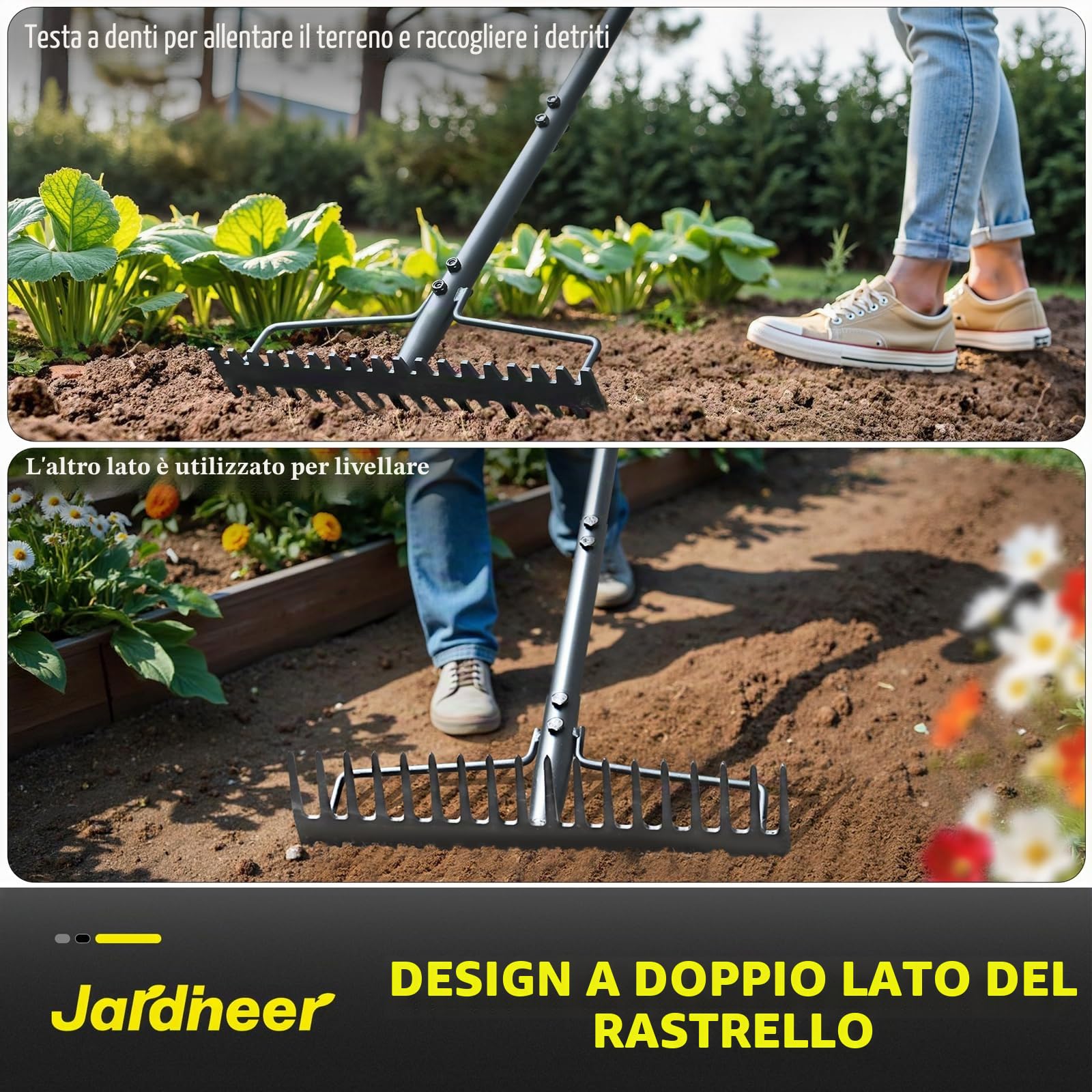 Jardineer Rastrello ad arco resistente, con manico lungo, in metallo, per ghiaia, rocce, foglie di prato, livellamento del terreno, paesaggistica, rastrello da giardino con 18 denti in acciaio (150 cm