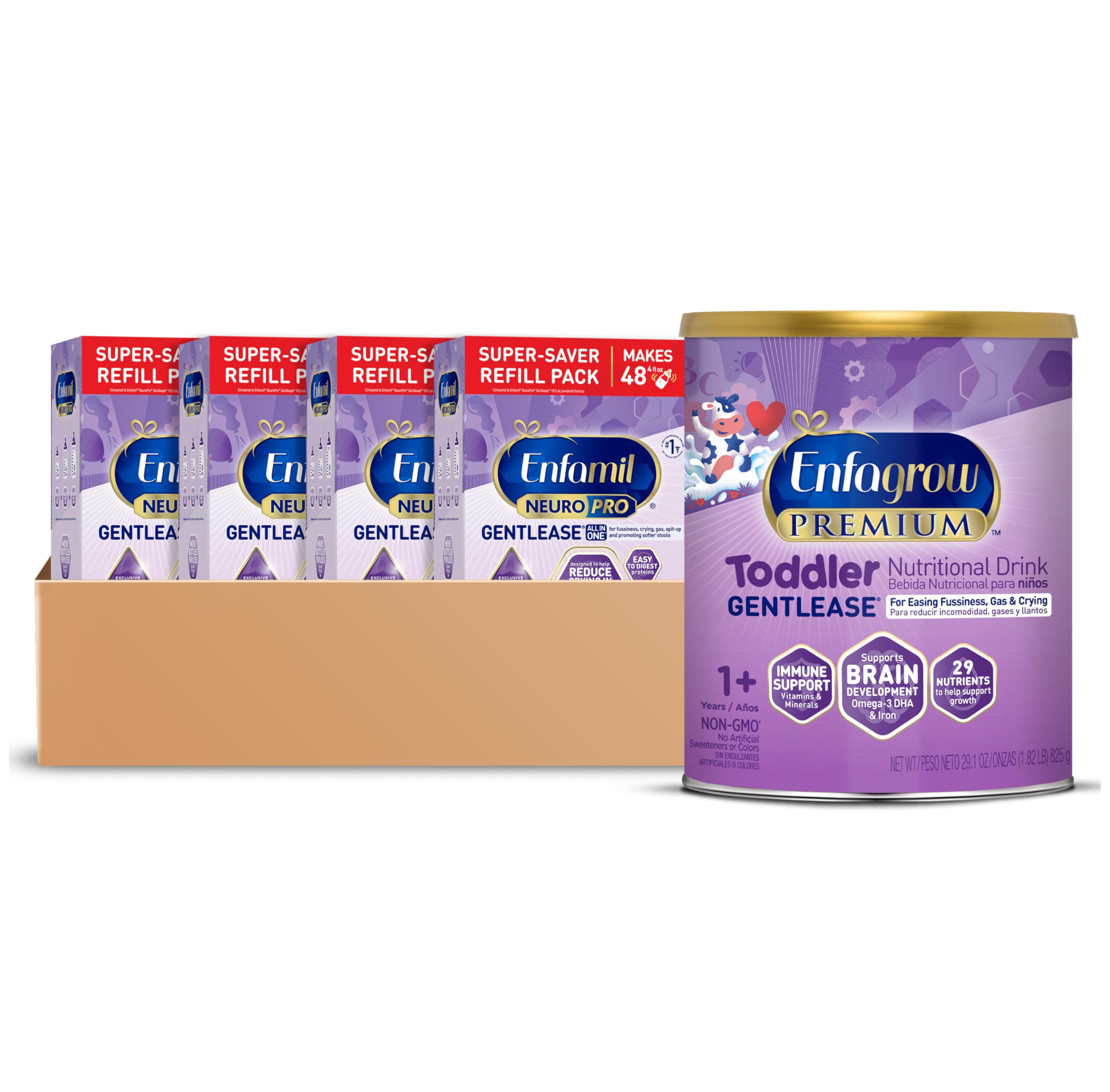 Enfamil& Enfagrow Gentlease Bundle - NeuroPro Gentlease Baby Formula Refill Box 31.4 Oz (Pack of 4) and Enfagrow Gentlease Toddler Nutritional Drink 29.1 oz. Powder Can