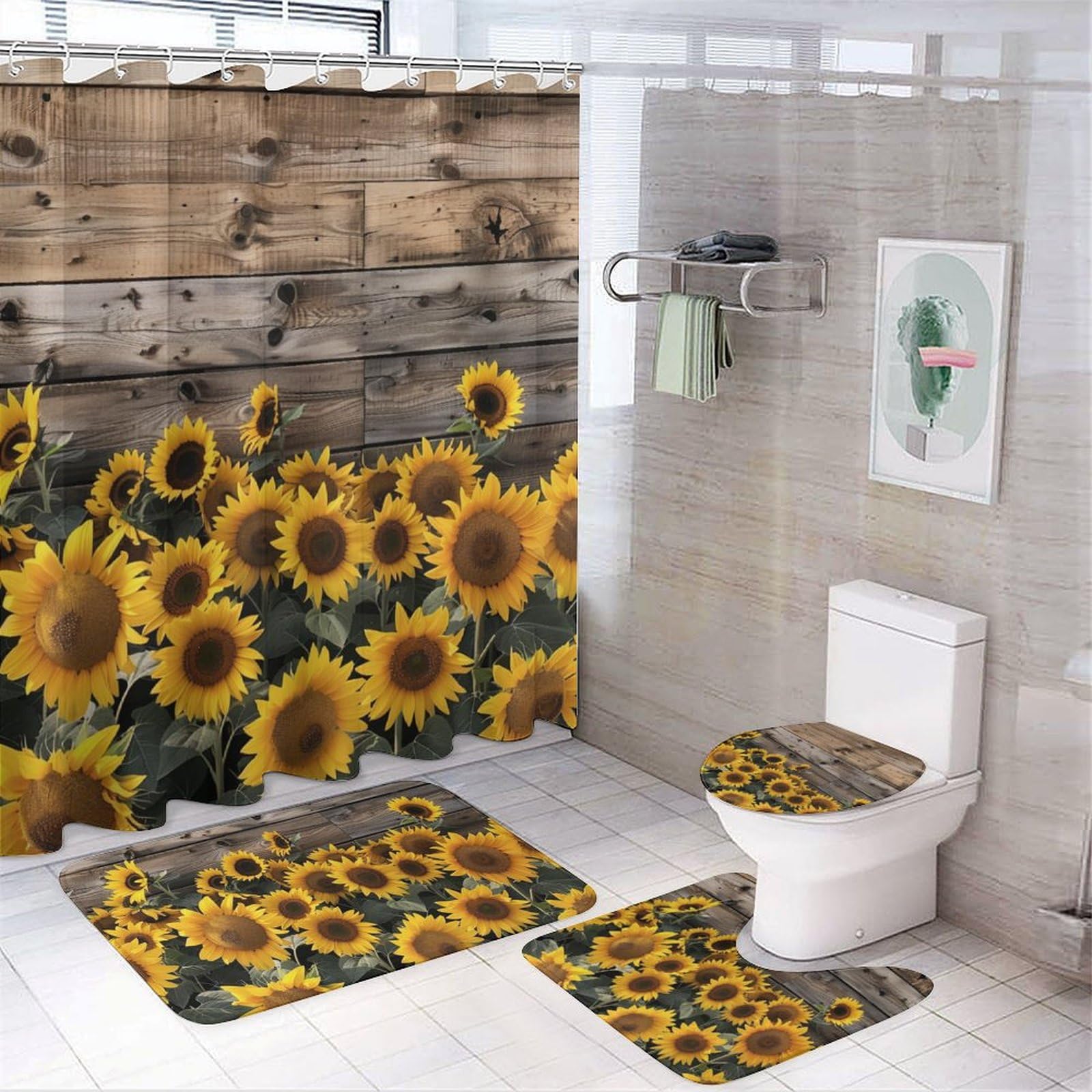 HDESDIS 4Pcs Garden Sunflower Shower Curtain Set with Rugs, Toilet Lid Cover and Bath Mat, Farmhouse Floral Country Rustic Bathroom Curtains Decor