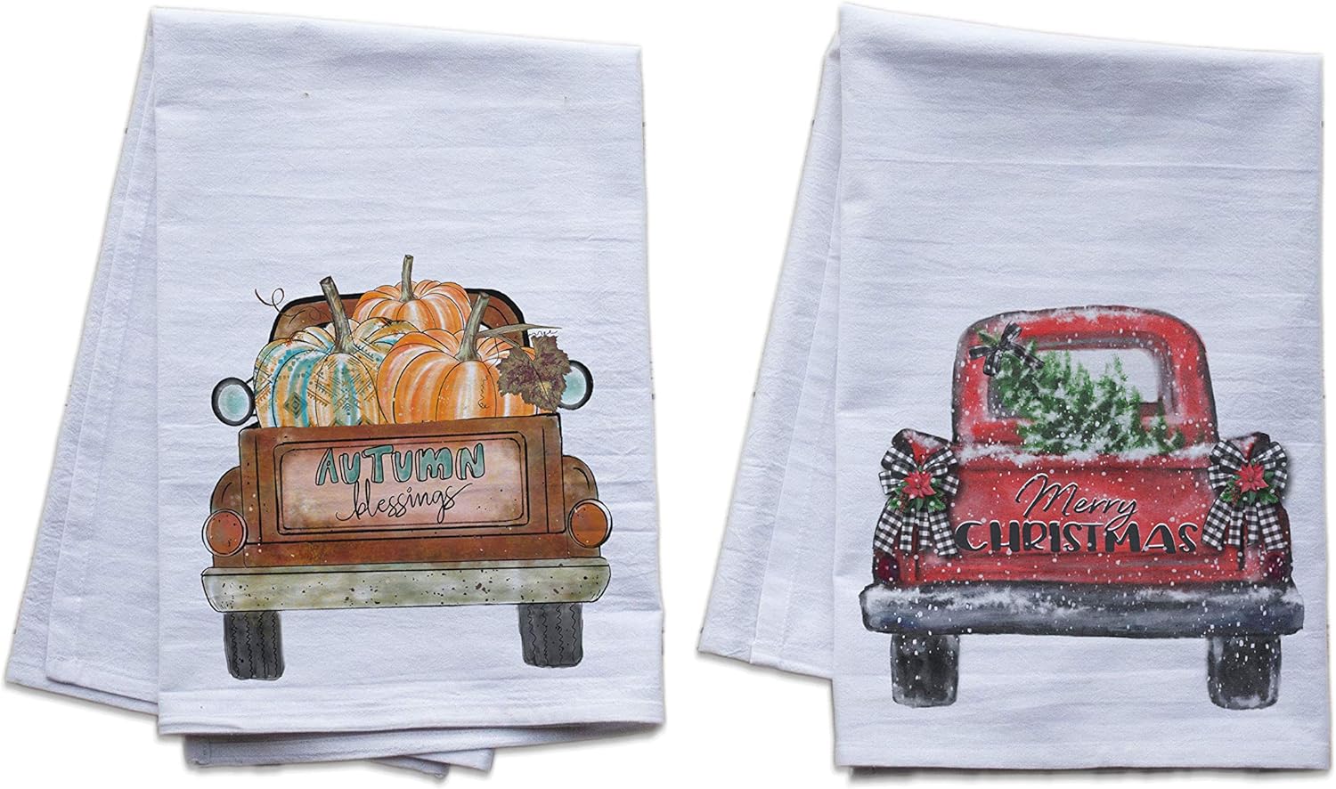 Autumn Blessings and Merry Christmas Trucks - set of two premium flour sack tea towels