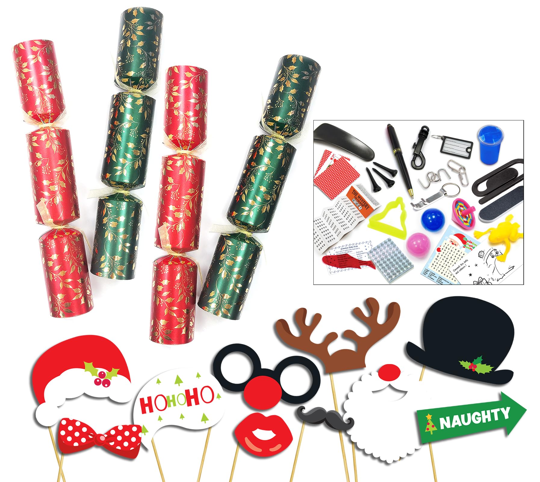 50 x 12'' Red & Green Holly Catering Christmas Crackers with Premium content + 50pcs of party photo booth props on sticks, one size (C4479-2022)
