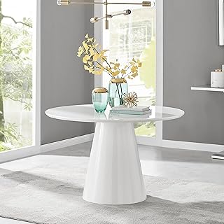 Furniturebox UK Palma White High Gloss Round Dining Table – Modern Pedestal Base – Contemporary 4–6 Seater Kitchen or Dining Room Table