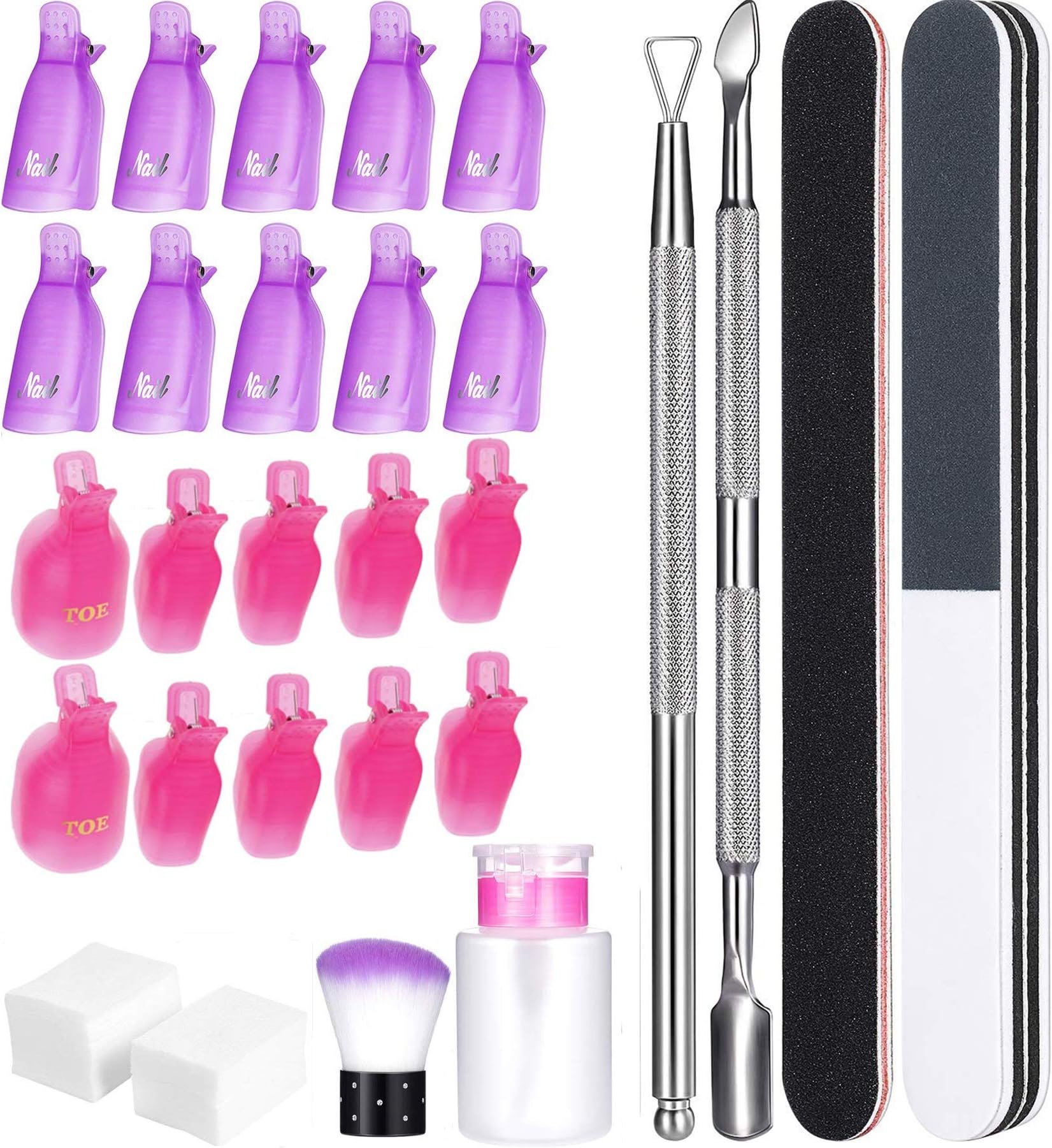 Gel Nail Polish Remover Tools Kit include 550Pcs Wipe Cotton Pads, 20pcs Nails Clips Caps, 3Pcs Nail File, Triangle Cuticle Pusher Cutter Set, Nail Brush, Push Down Pum Dispenser Bottle
