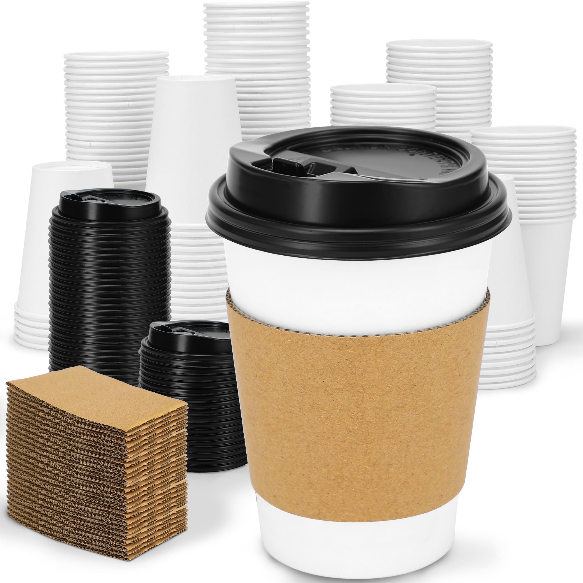 Clawsoff 100 Pack 12 oz Disposable Coffee Cups with Lids and Insulated Sleeves Leak-free Paper and Sturdy Thick