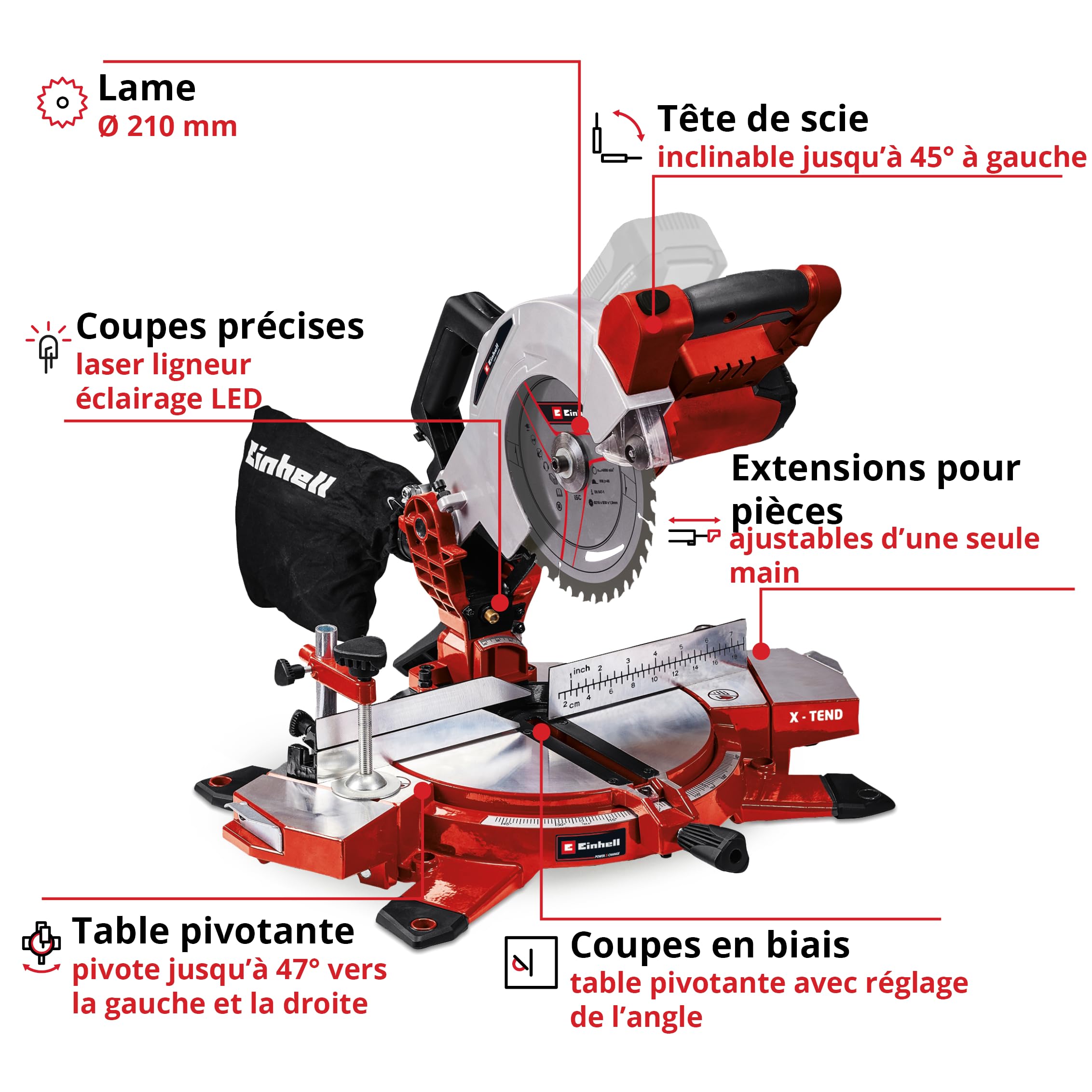Einhell TE-MS18/210 Li-Solo Scie à onglet sans fil 18V 3000 trs/min Lame Ø210x30mm