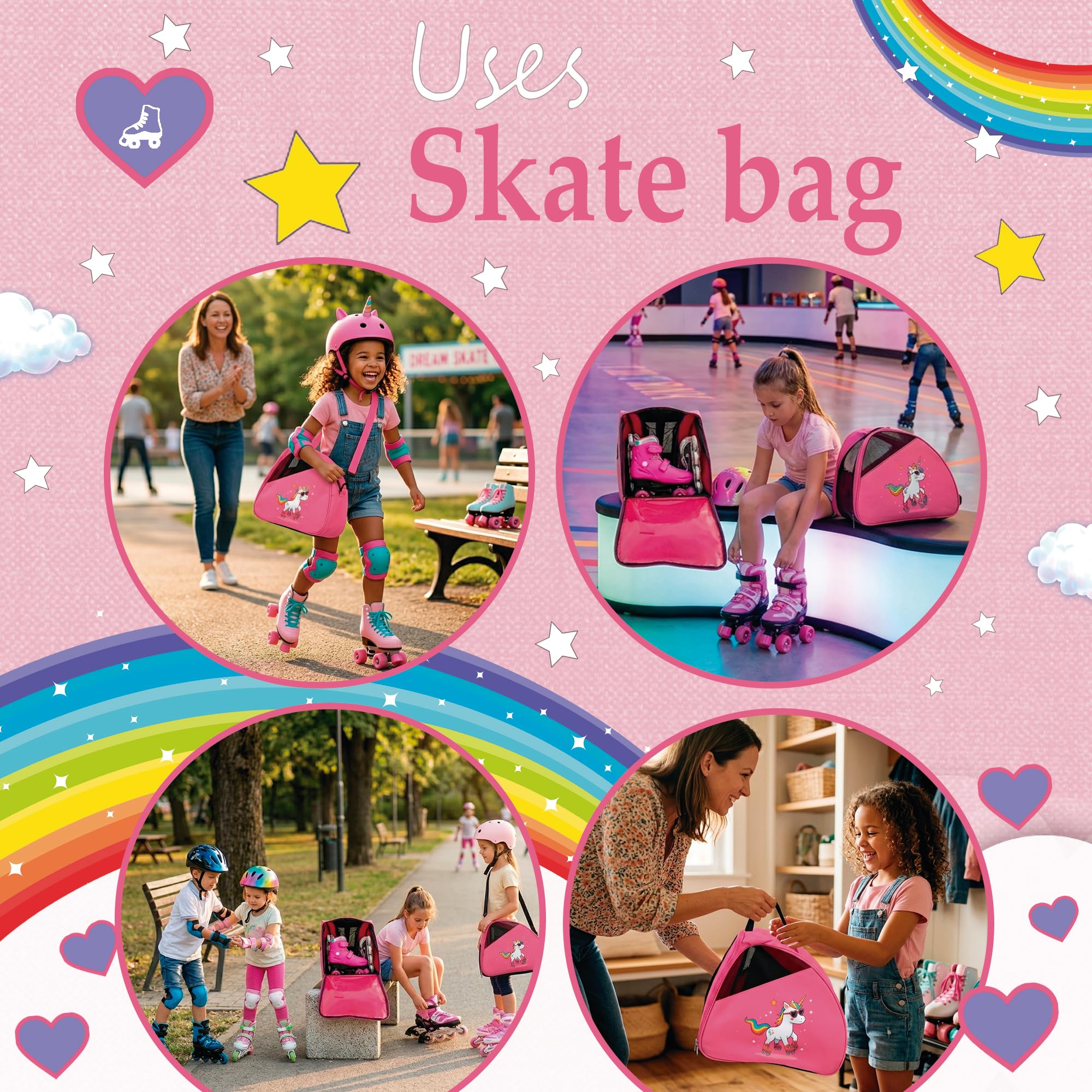 DOJA Barcelona Borsa per Pattini a Rotelle per Bambini - Rosa con Stampa Unicorno - Regolabile e Imbottita, Borsa Pattini in Linea, Protezioni in Tessuto Robusto, Borsone Pattinaggio Artistico