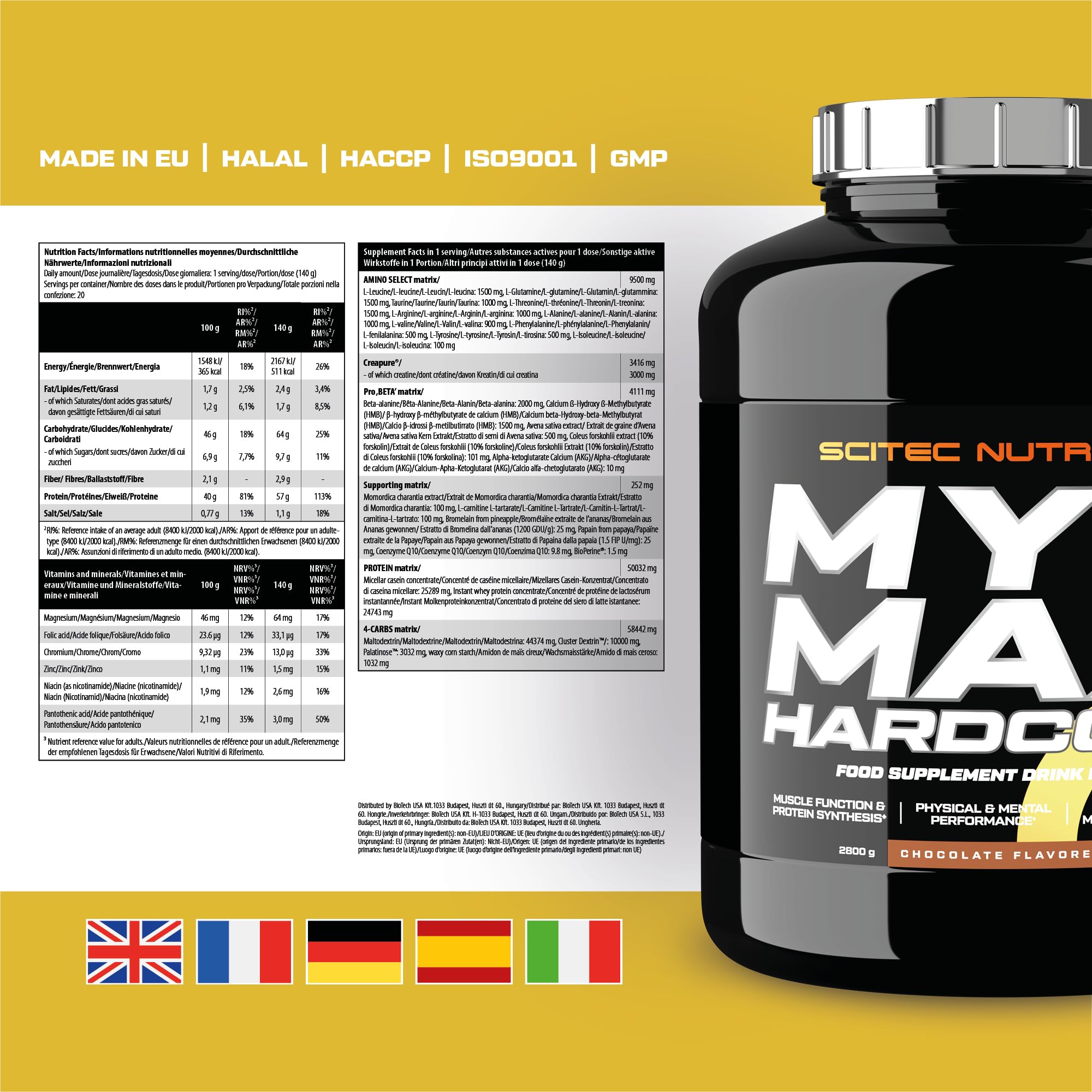 Scitec Nutrition MyoMax Hardcore, supplément de poids avec matrice de protéines, acides aminés, hydrates de carbone et nutriments vitaux, 2800 g, Chocolat