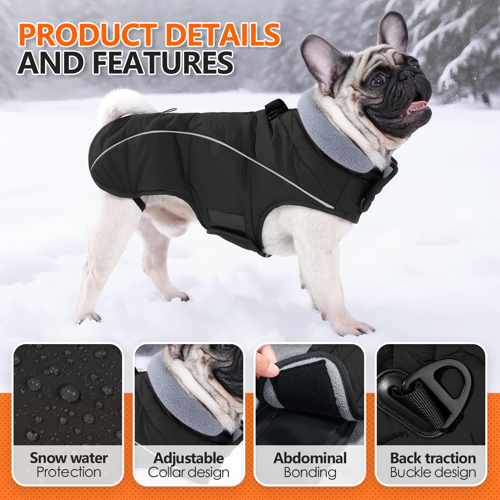 Cappottino invernale impermeabile per cani, foderato in pile, caldo, con strisce riflettenti, anello a D e gilet regolabile, per cani di piccola e grande taglia (nero, XL)