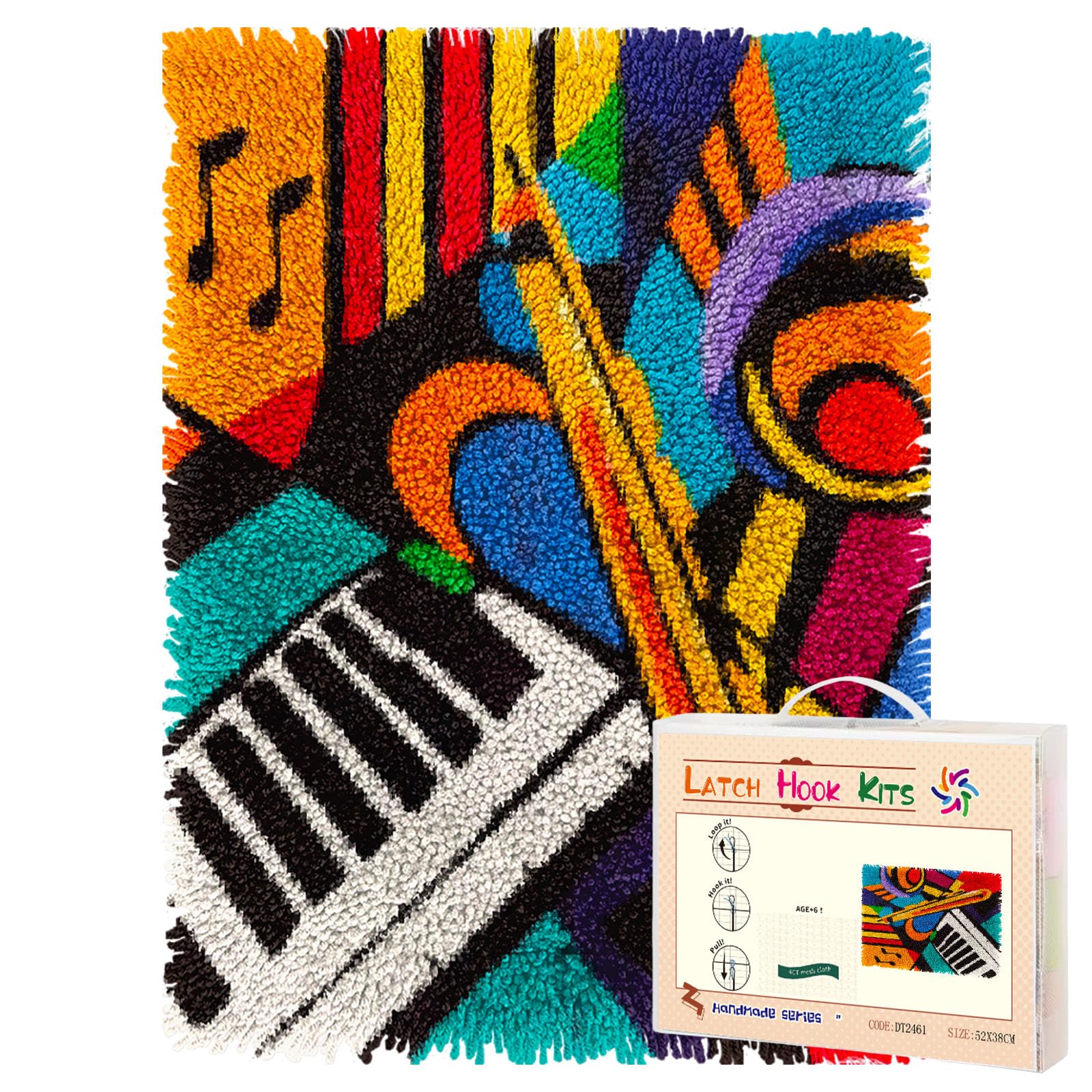 Latch Hook Rug Kit Abstract Musical Elements Notes and Instrument Pre-Printed Handmade Carpet Crochet Yarn Craft DIY Hook and Latch Door Mat Tapestry for Home Floor Decoration 52x38cm-2