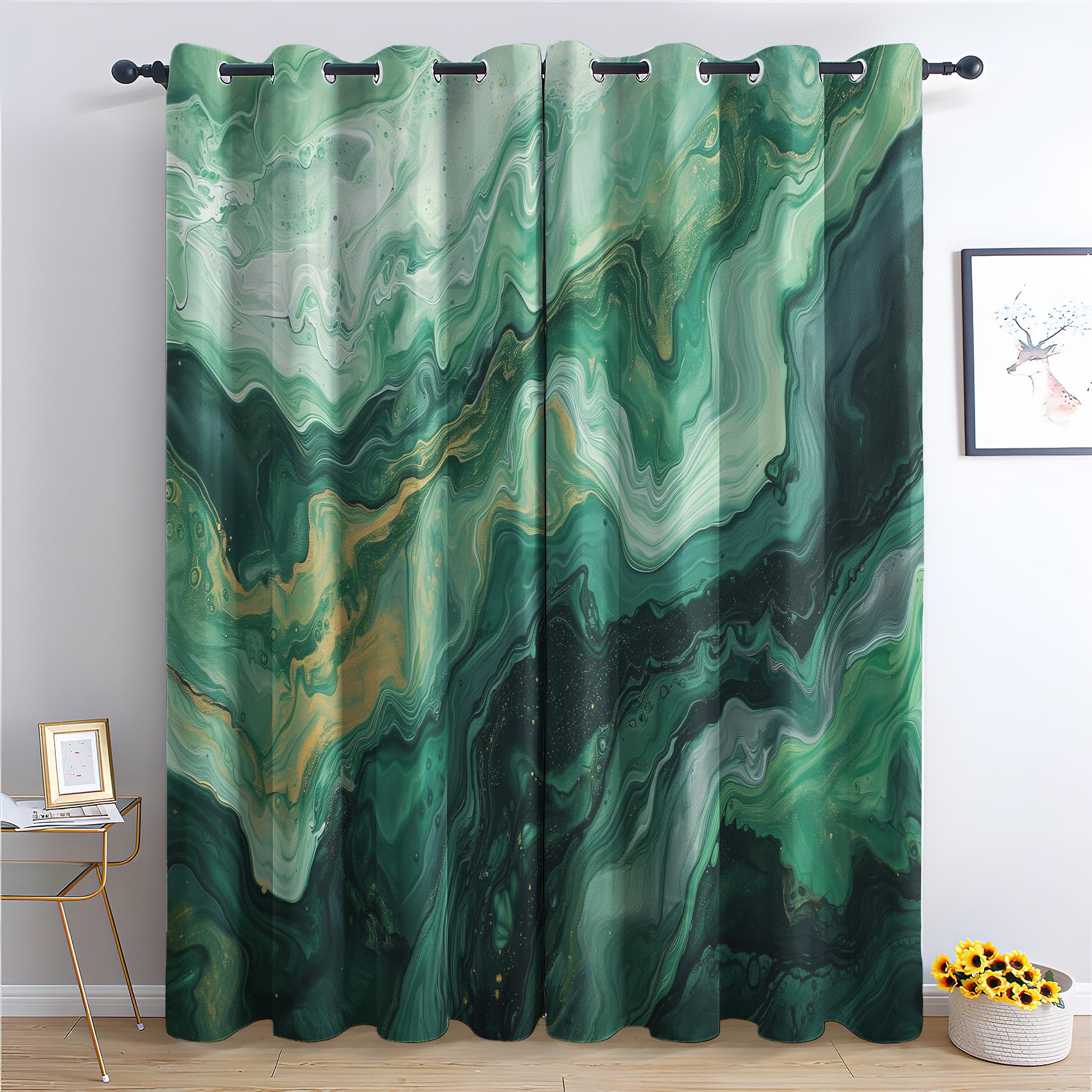 SZLYZM Green Gold Blackout Curtains for Bedroom living Room, Marble Abstract Curtains 46x72, 72 Drop Curtains 2 Panels Set, Thermal Eyelet Drapes Decorative Patterned Window Treatments (Wu-&107)