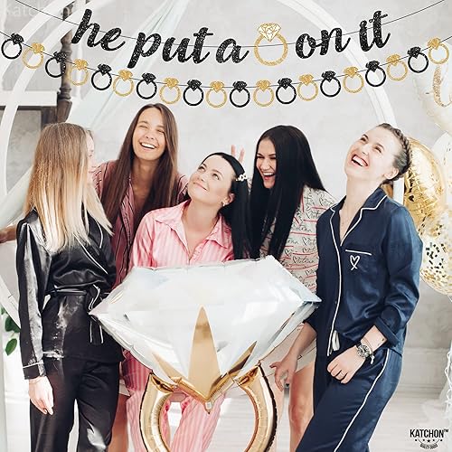 Miniatura 6 de KatchOn, Pre-Strung He Put A Ring On It Banner - Glitter, 10 Feet No DIY  Black and Gold Engagement Party Decorations, He Put A Ring On It Sign for