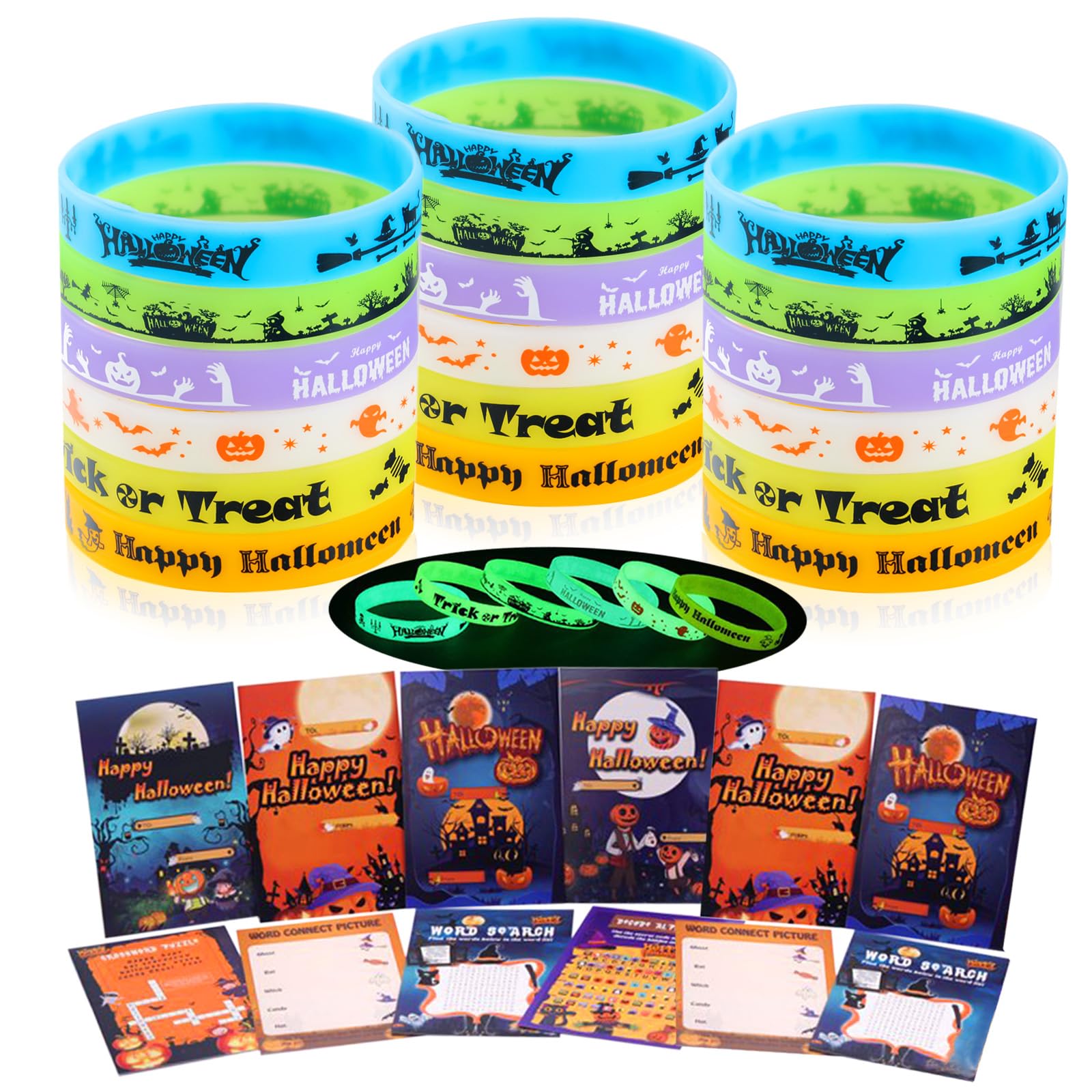 24Pack Halloween Luminous Silicone Wristbands and Cards,Glow in The Dark Classic Halloween Patterns ,Halloween Trick or Treat Gifts and Goodie Bag Stuffers Boys Girls Party Favors Supplies