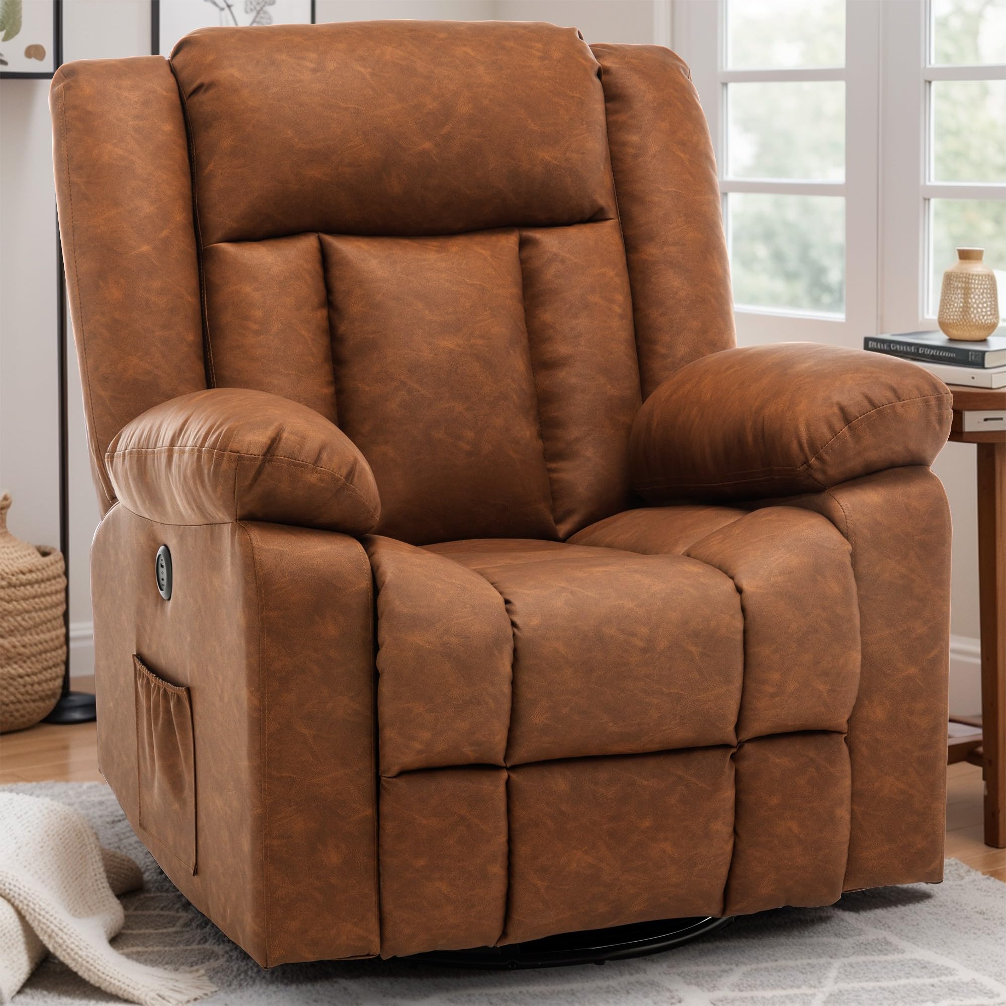 Rocking Recliner Chair With Massage & Heat – 360° Swivel Oversized Recliner With Vibration, Lumbar Heating & Side Pockets – For Living Room & Bedroom